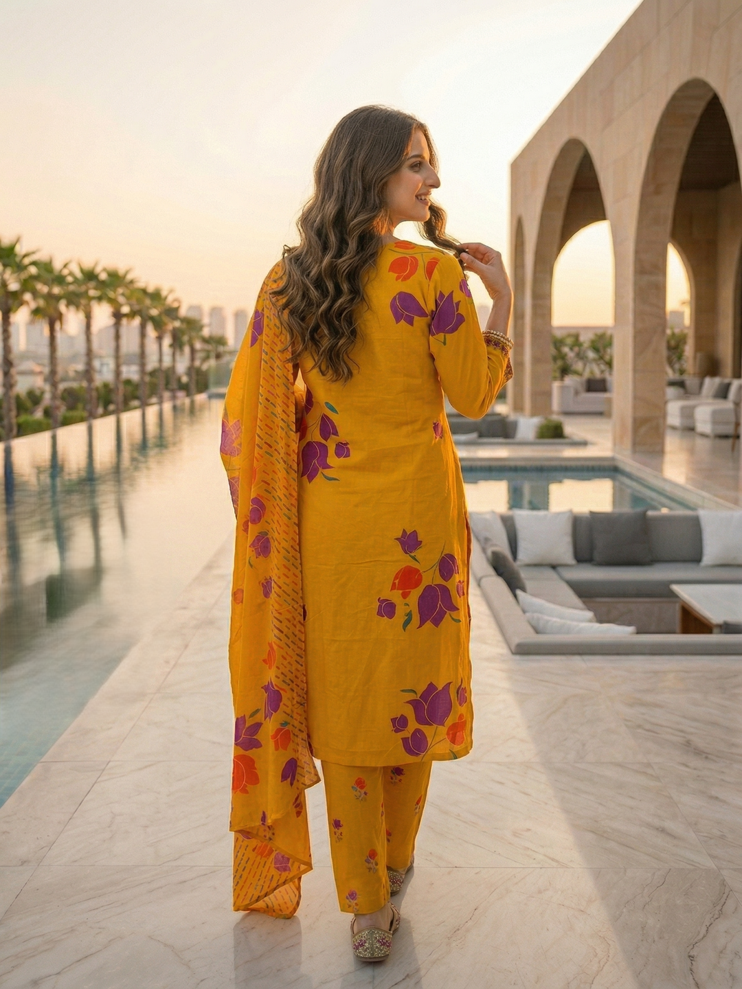 Floral Printed Mirror Work Embroidered Straight Kurta with Palazzo & Dupatta - Yellow