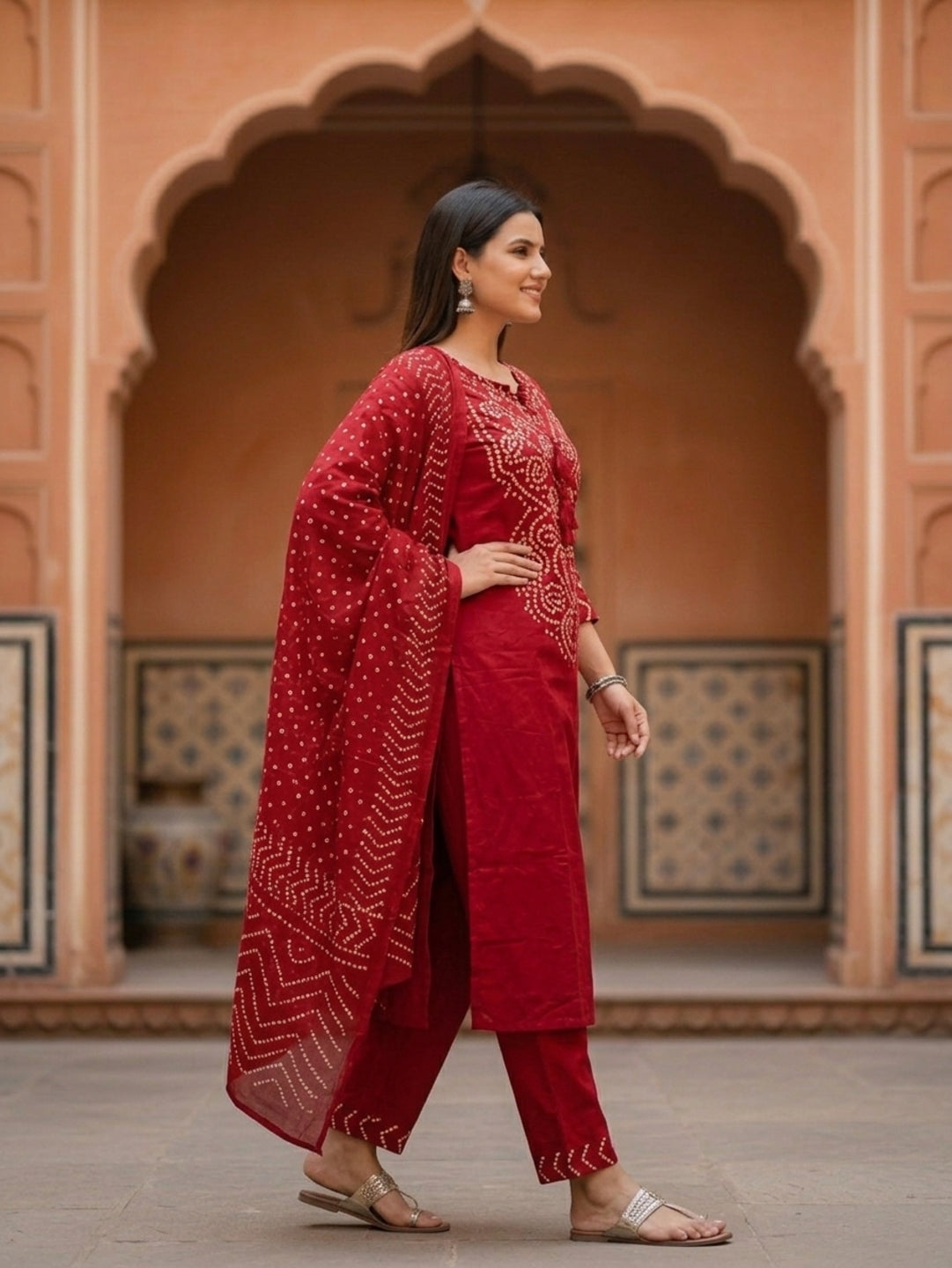 Bandhani Printed Mirror Work A-Line Kurta with Palazzo & Dupatta - Maroon