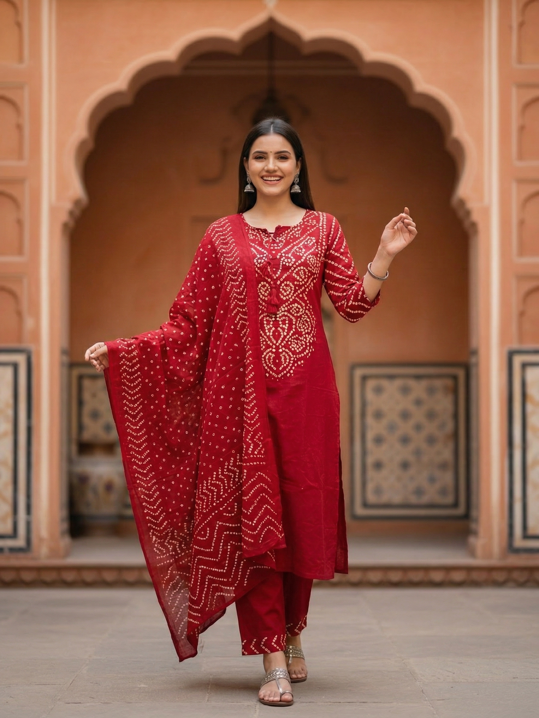 Bandhani Printed Mirror Work A-Line Kurta with Palazzo & Dupatta - Maroon
