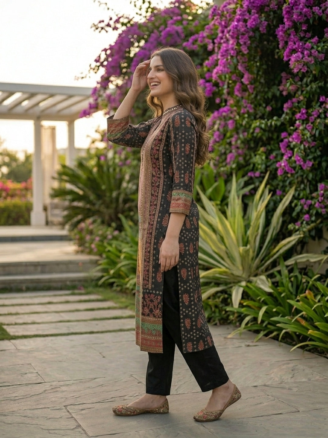 Ethnic Floral Foil Printed & Embroidered Straight Kurta - Multi