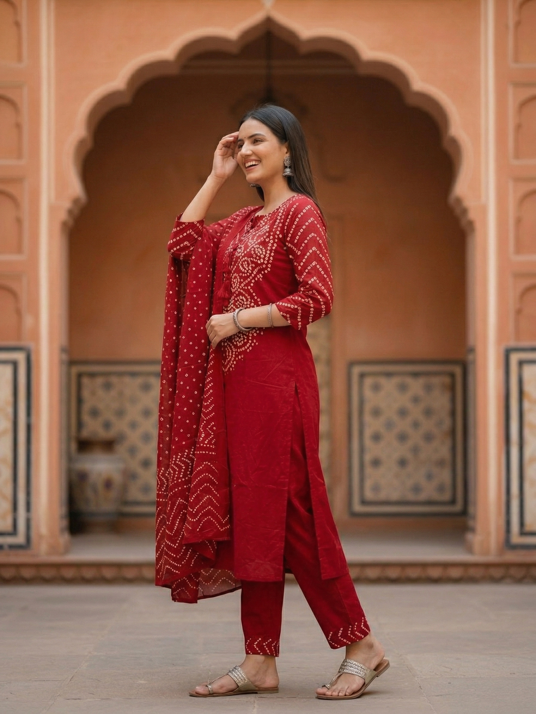Bandhani Printed Mirror Work A-Line Kurta with Palazzo & Dupatta - Maroon