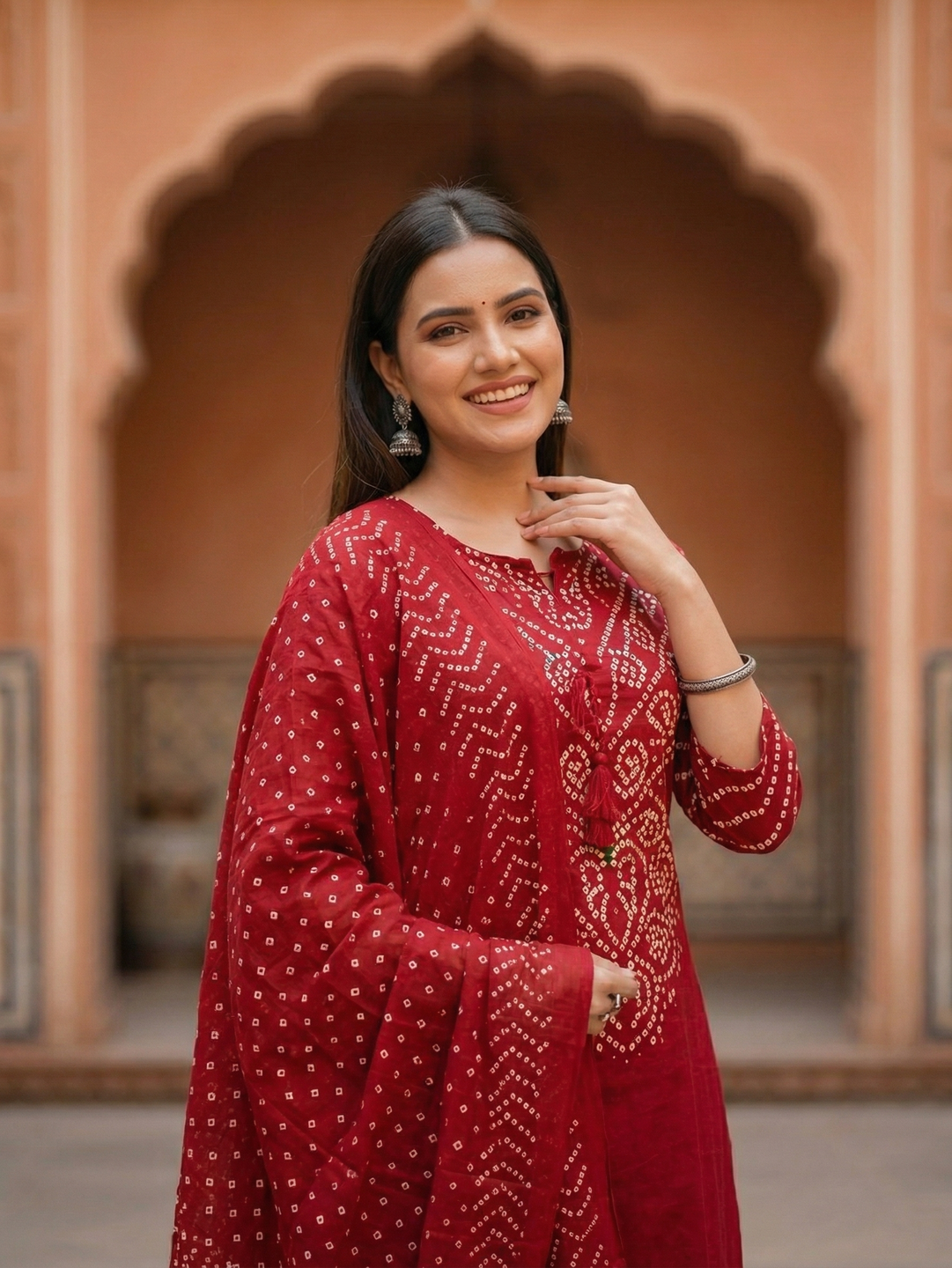 Bandhani Printed Mirror Work A-Line Kurta with Palazzo & Dupatta - Maroon