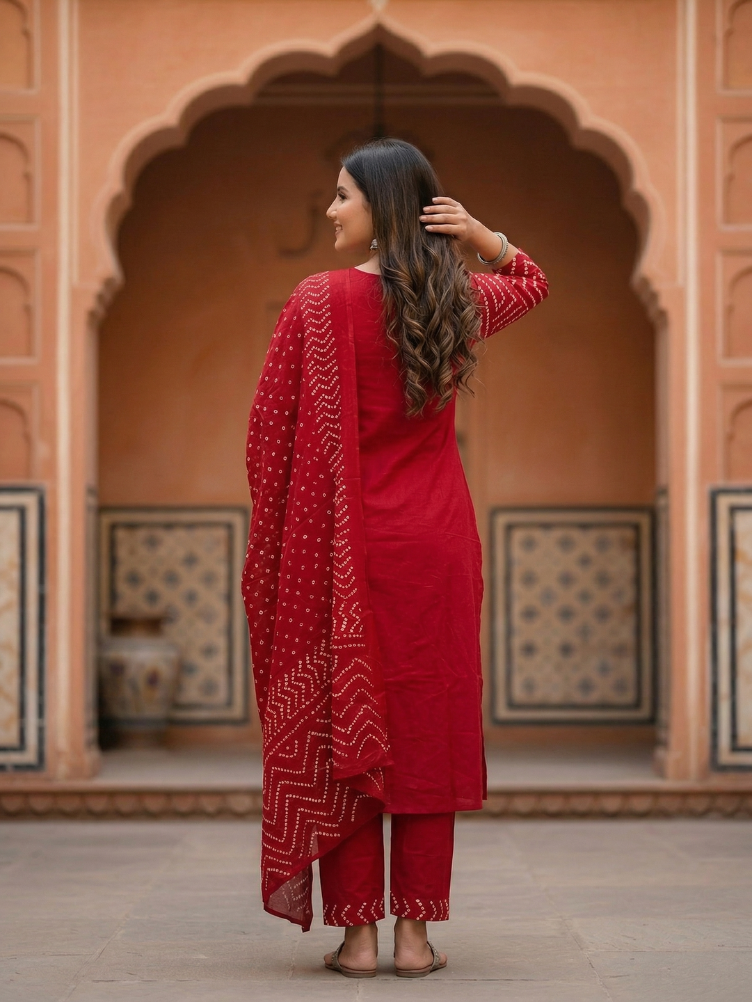 Bandhani Printed Mirror Work A-Line Kurta with Palazzo & Dupatta - Maroon