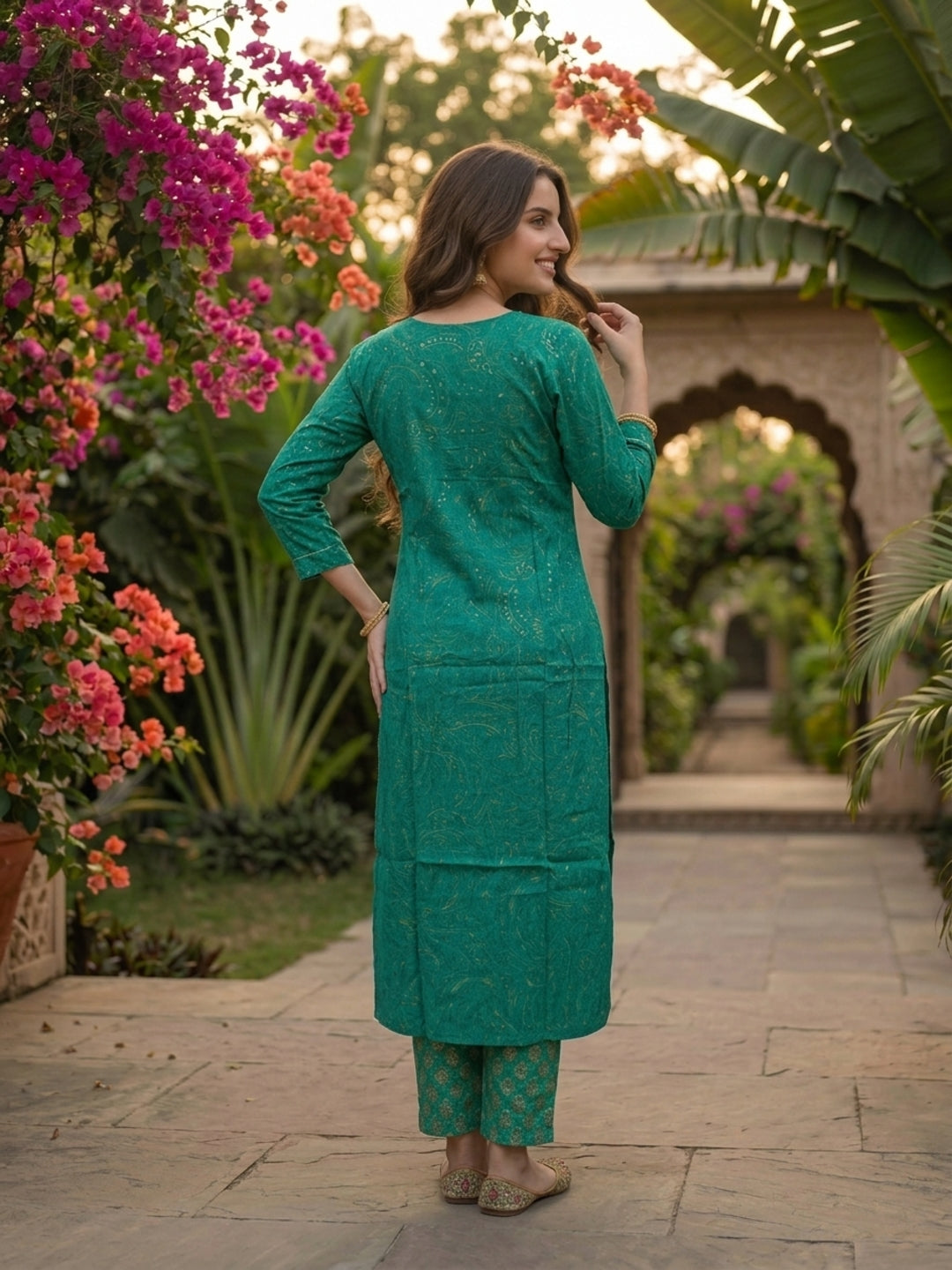 Floral Printed & Embroidered Straight Kurta - Rama Green