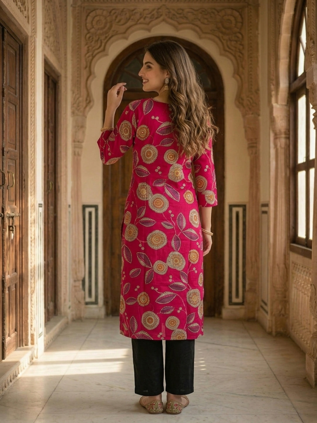 Abstract Floral Printed Straight Kurta - Rani Pink