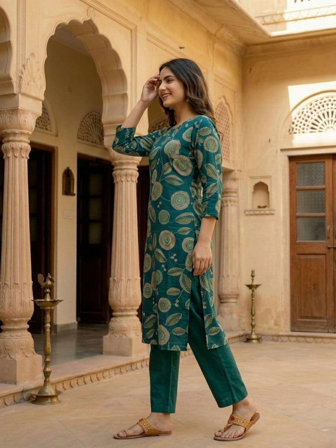 Abstract Floral Printed Straight Kurta - Green