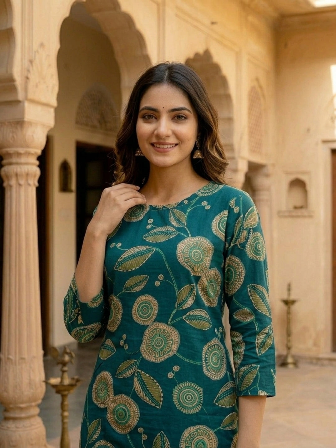 Abstract Floral Printed Straight Kurta - Green