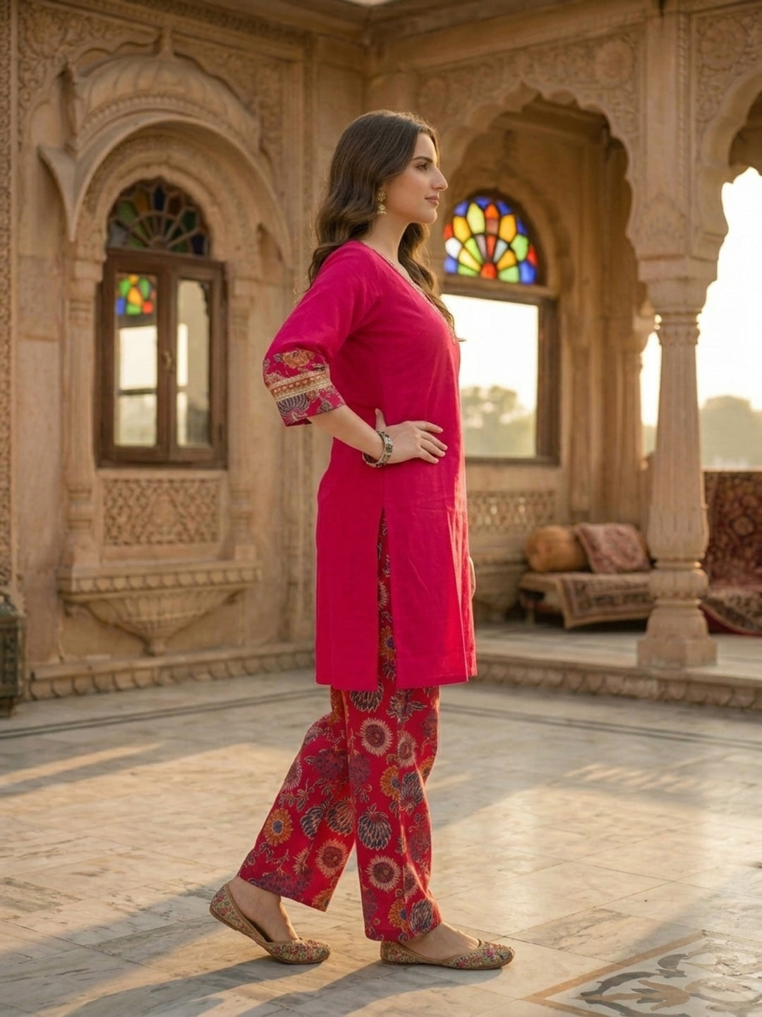 Floral Foil Printed Straight Kurta with Palazzo - Rani Pink