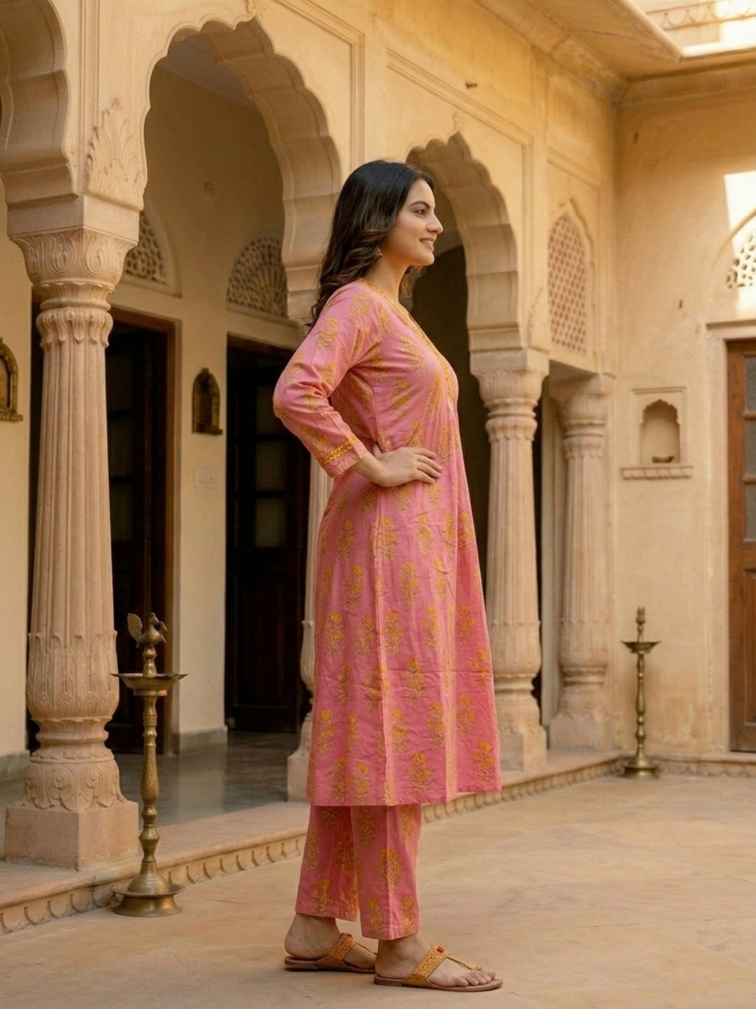 Ethnic Floral Printed A-Line Co-ord Set - Pink