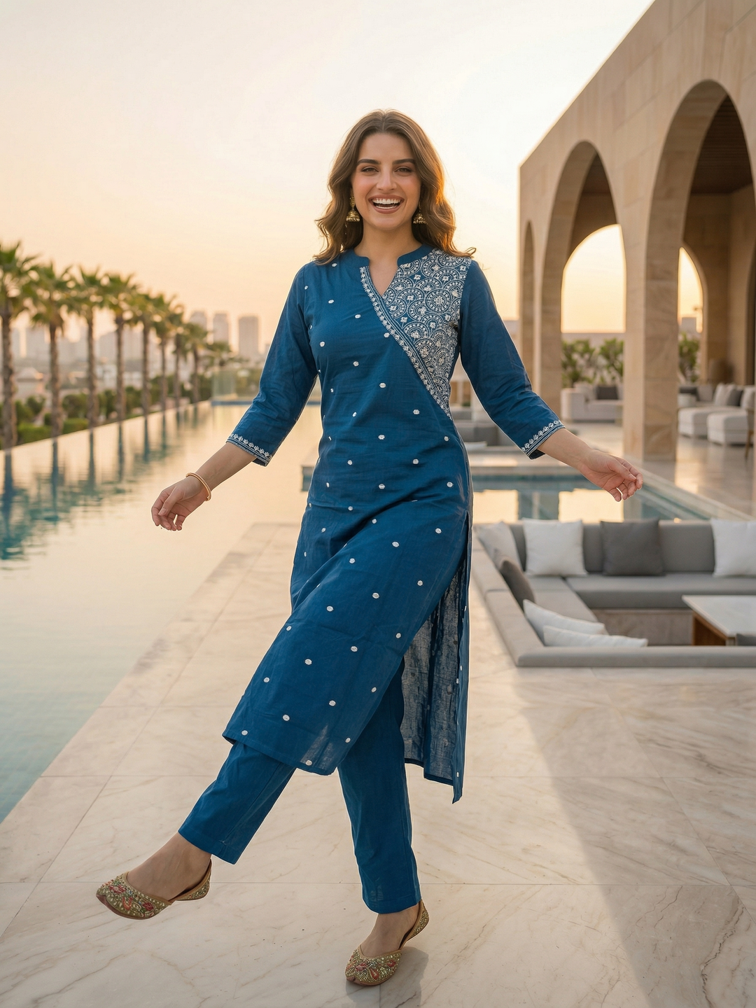 Solid Ethnic Embroidered Straight Fit Kurta with Pant - Blue