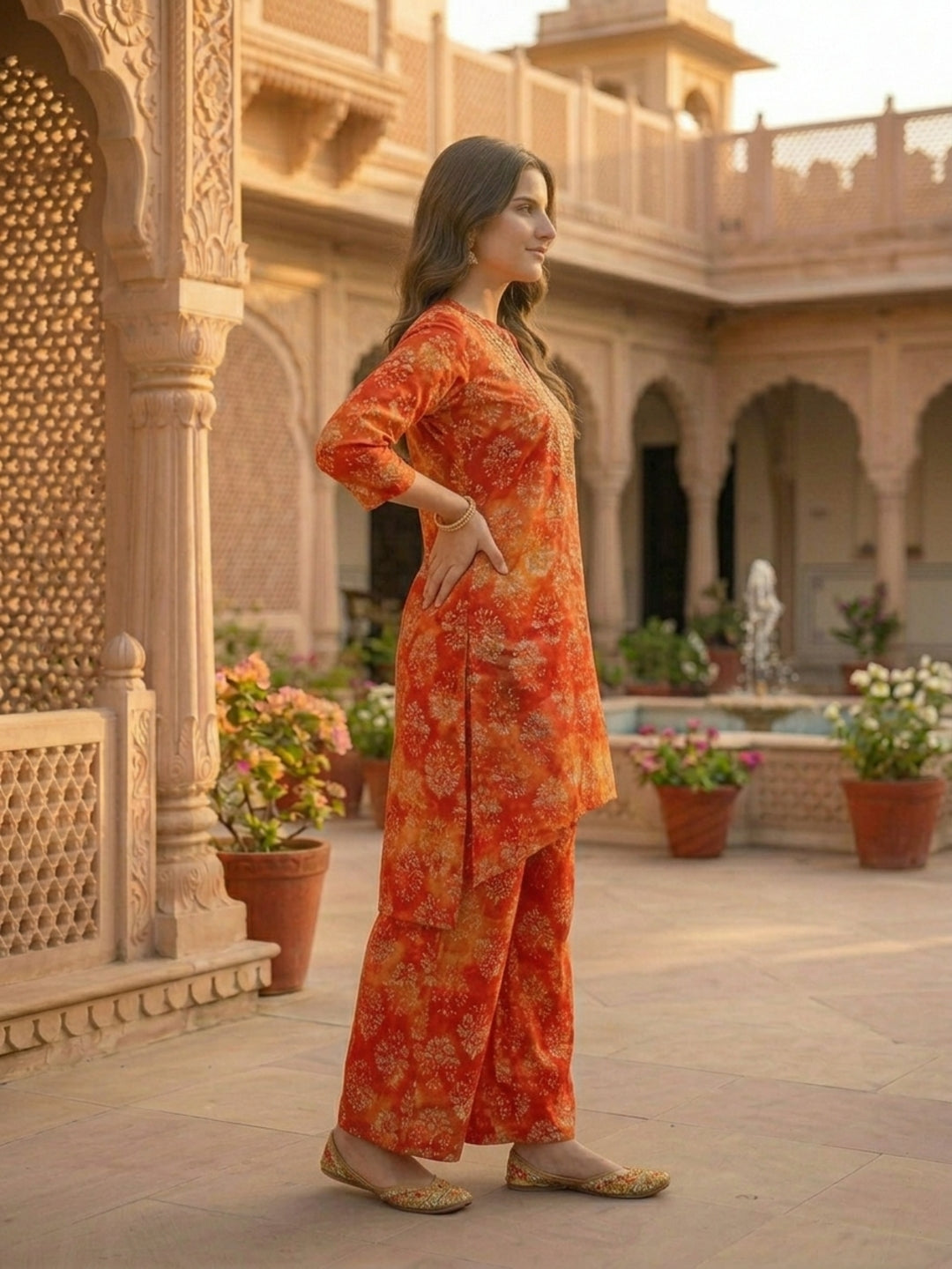 Ethnic Dabu Printed & Embroidered A-Line Co-ord Set - Rust