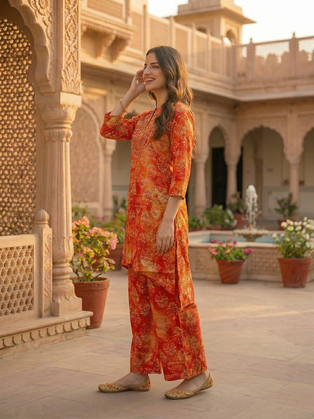 Ethnic Dabu Printed & Embroidered A-Line Co-ord Set - Rust
