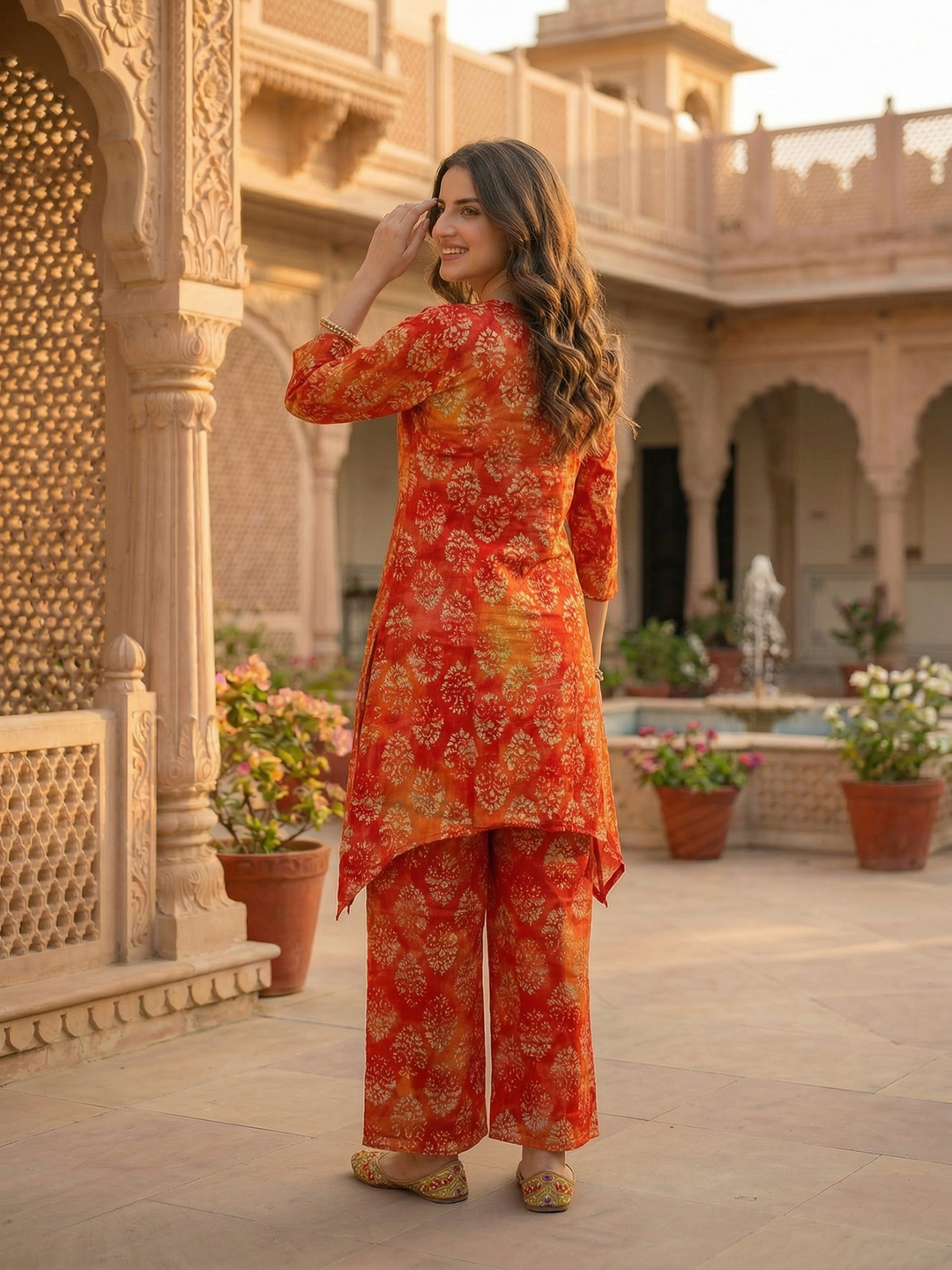 Ethnic Dabu Printed & Embroidered A-Line Co-ord Set - Rust