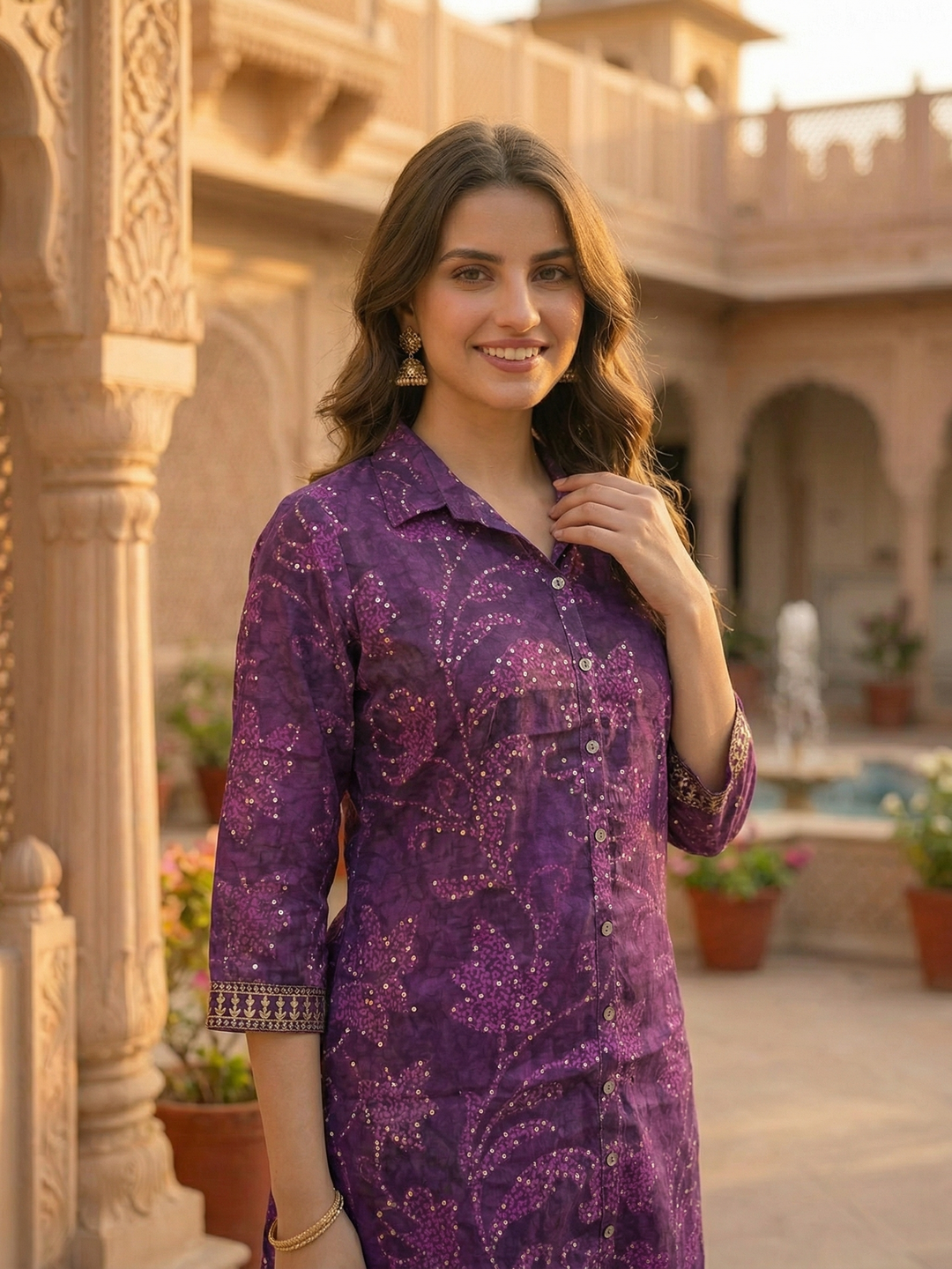 Ethnic Printed Straight Kurta with Pant - Purple