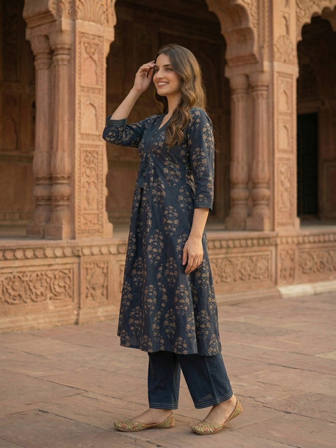 Ethnic Floral Printed A-Line Paneled Kurta with Palazzo Co-ord Set - Blue