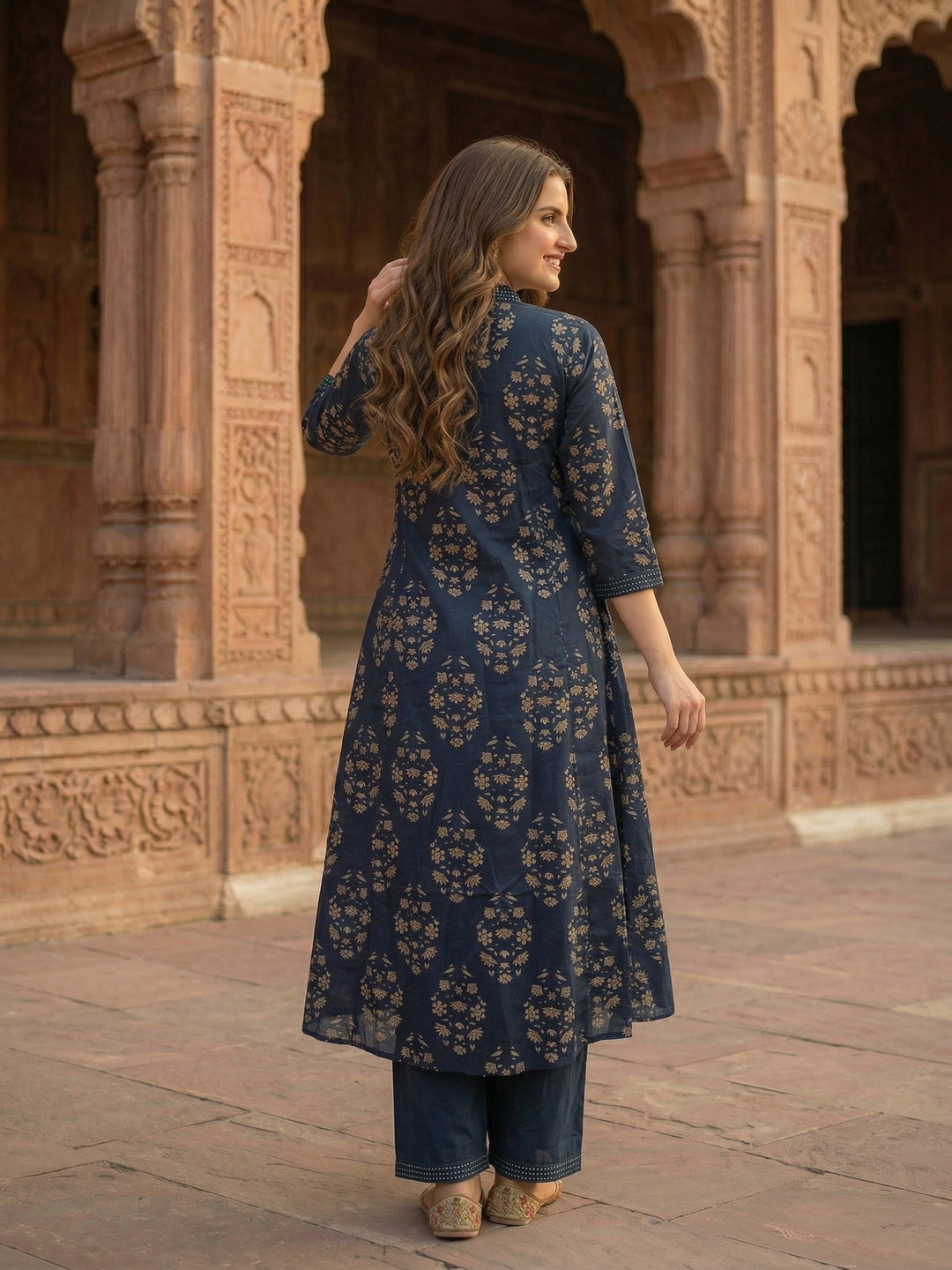 Ethnic Floral Printed A-Line Paneled Kurta with Palazzo Co-ord Set - Blue