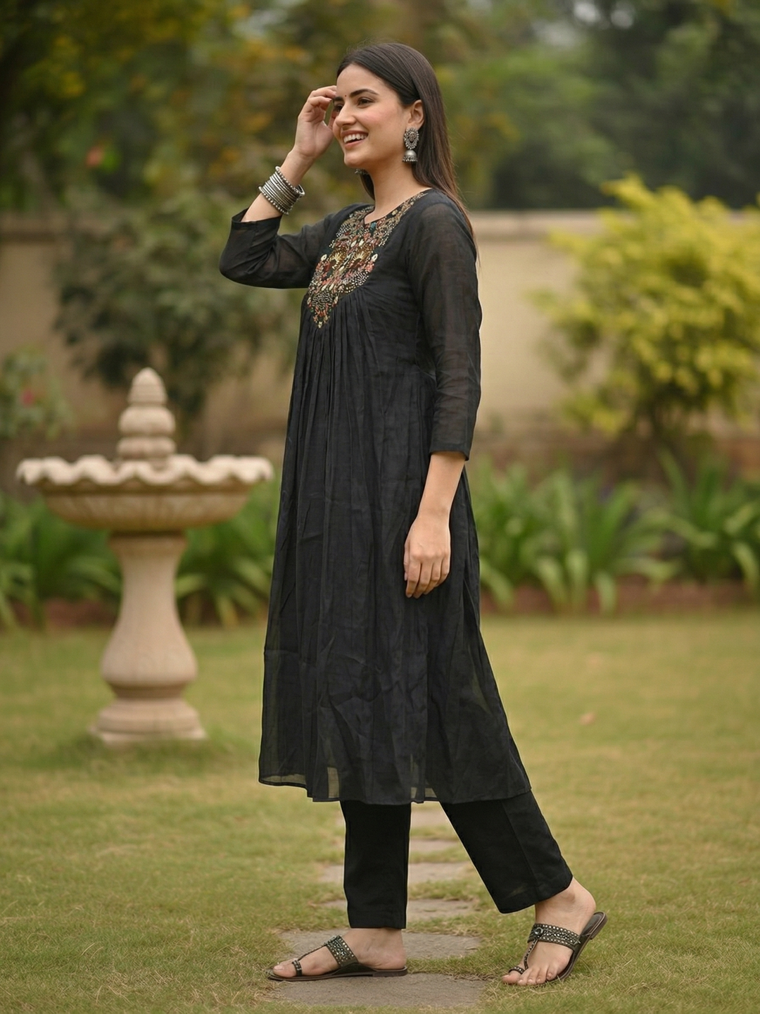 Solid Floral Resham Embroidered A-Line Co-ord Set - Black