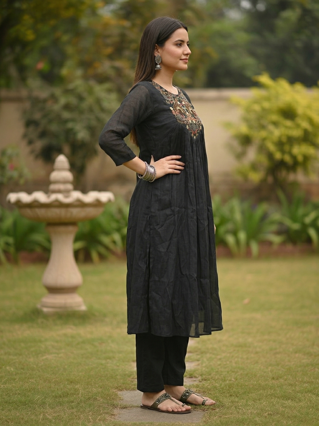 Solid Floral Resham Embroidered A-Line Co-ord Set - Black