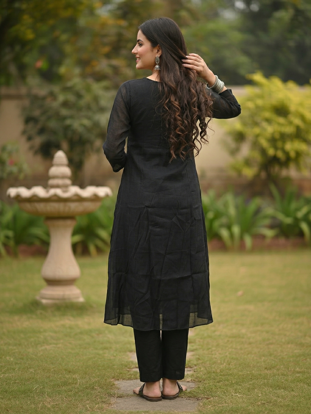 Solid Floral Resham Embroidered A-Line Co-ord Set - Black
