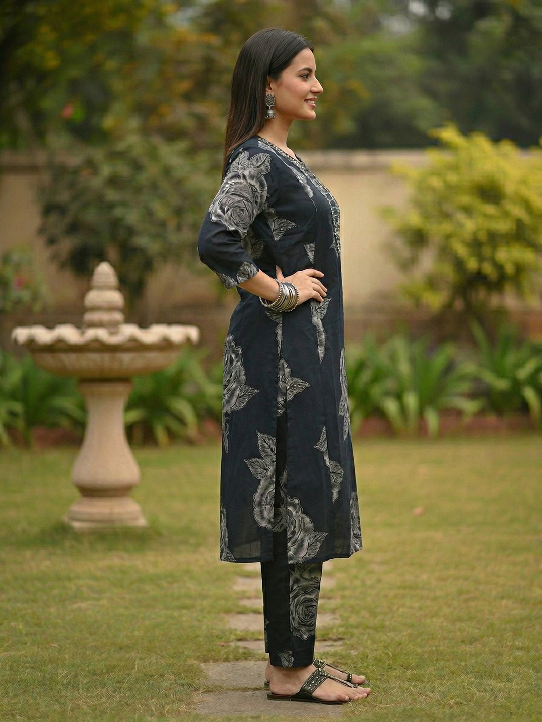 Abstract Floral Printed & Embroidered A-Line Kurta with Palazzo Co-ord Set - Navy Blue