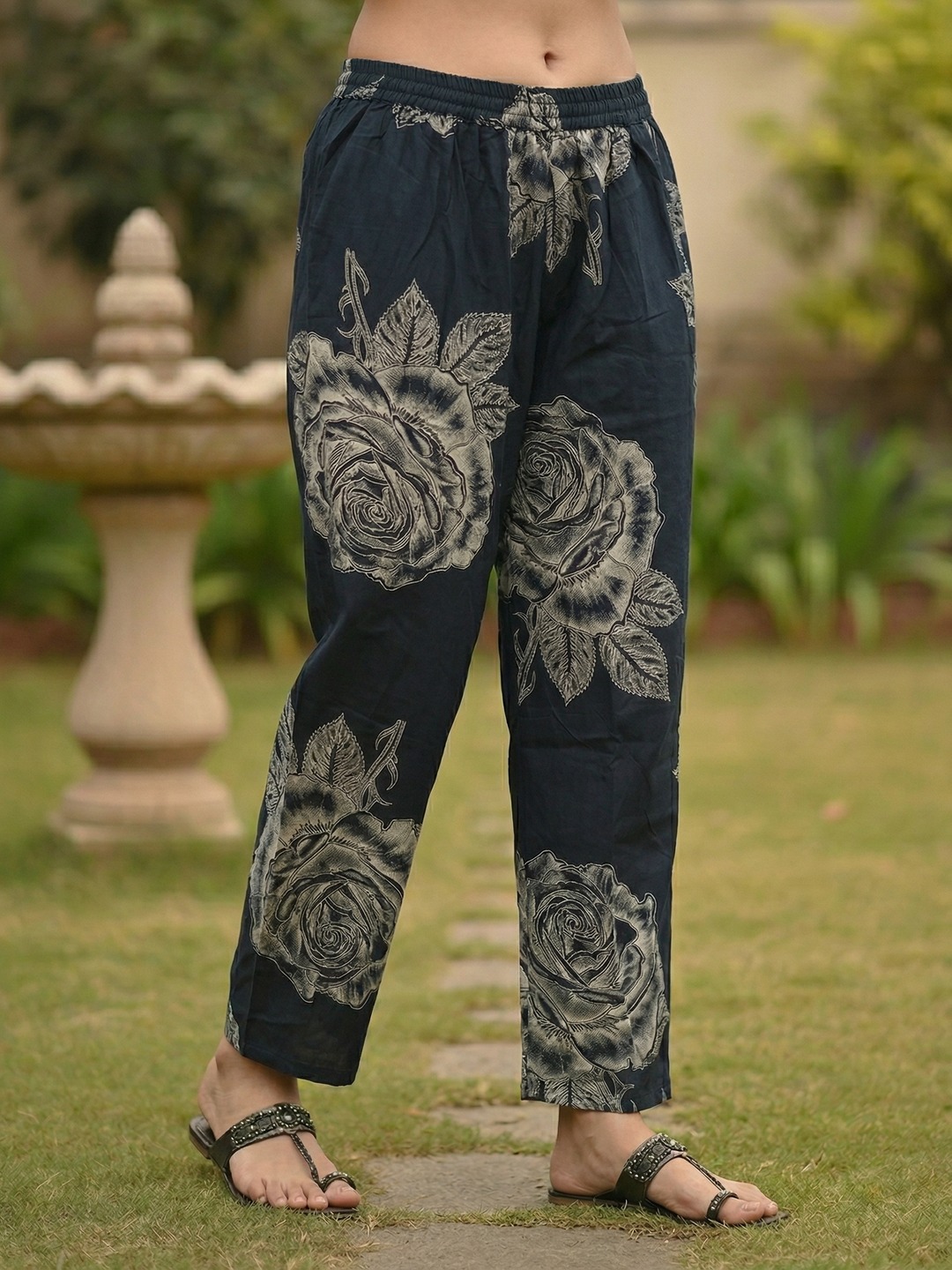 Abstract Floral Printed & Embroidered A-Line Kurta with Palazzo Co-ord Set - Navy Blue