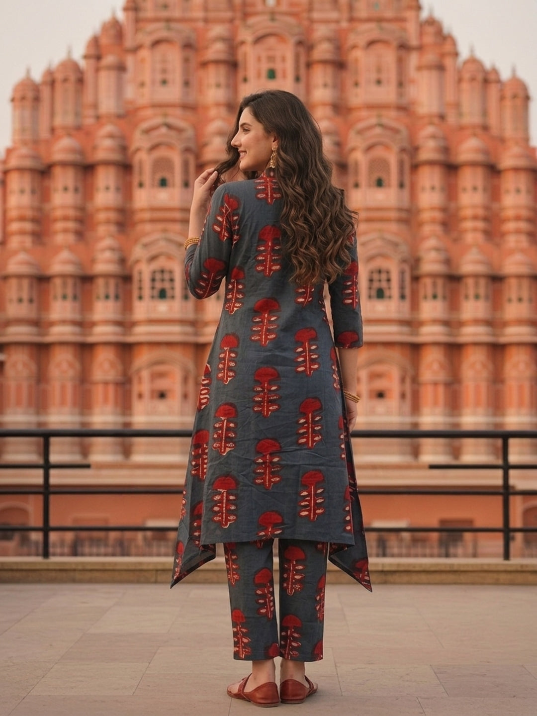 Ethnic Ikat Printed & Embroidered A-Line Kurta with Palazzo - Blue