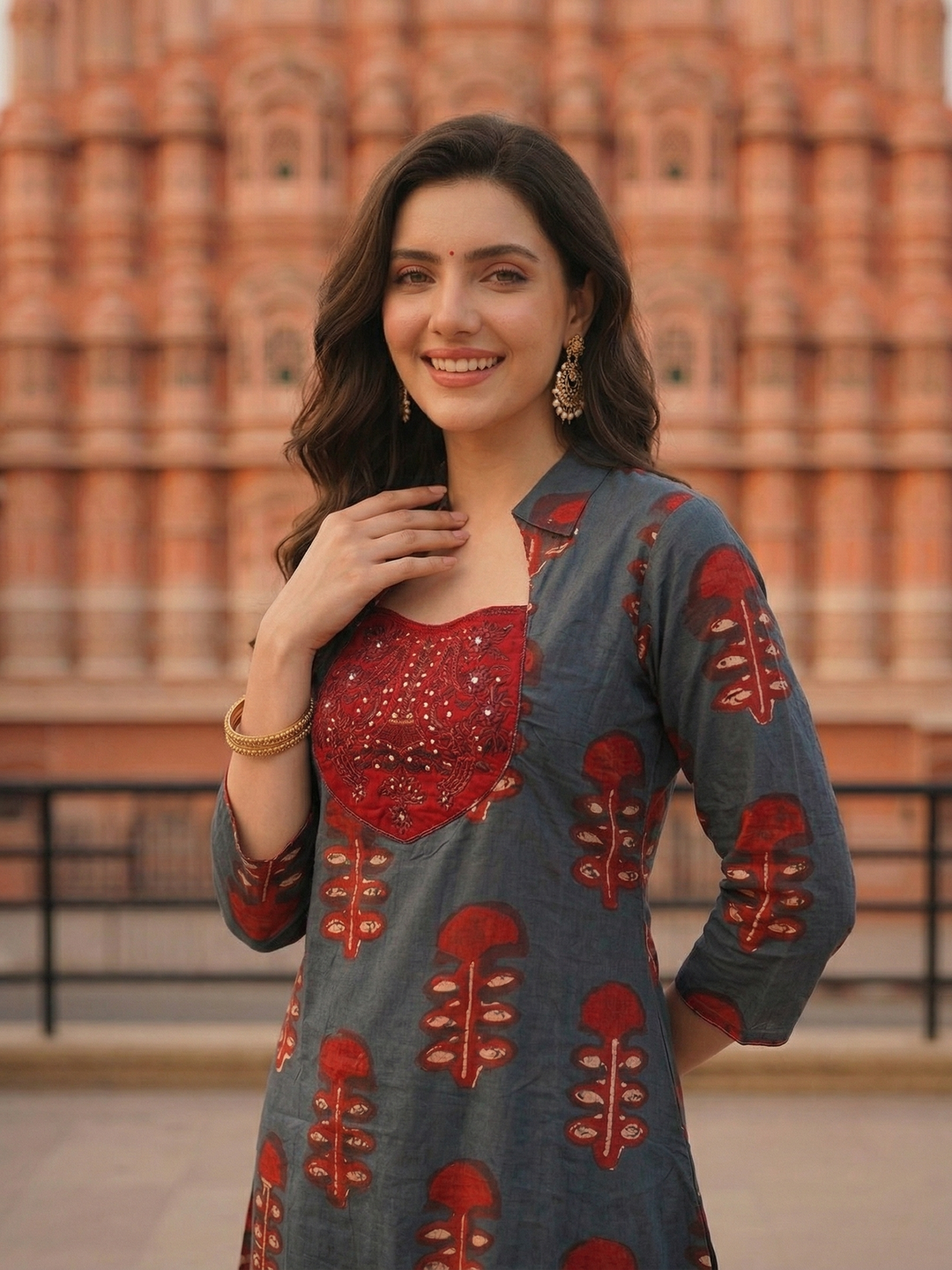 Ethnic Ikat Printed & Embroidered A-Line Kurta with Palazzo - Blue