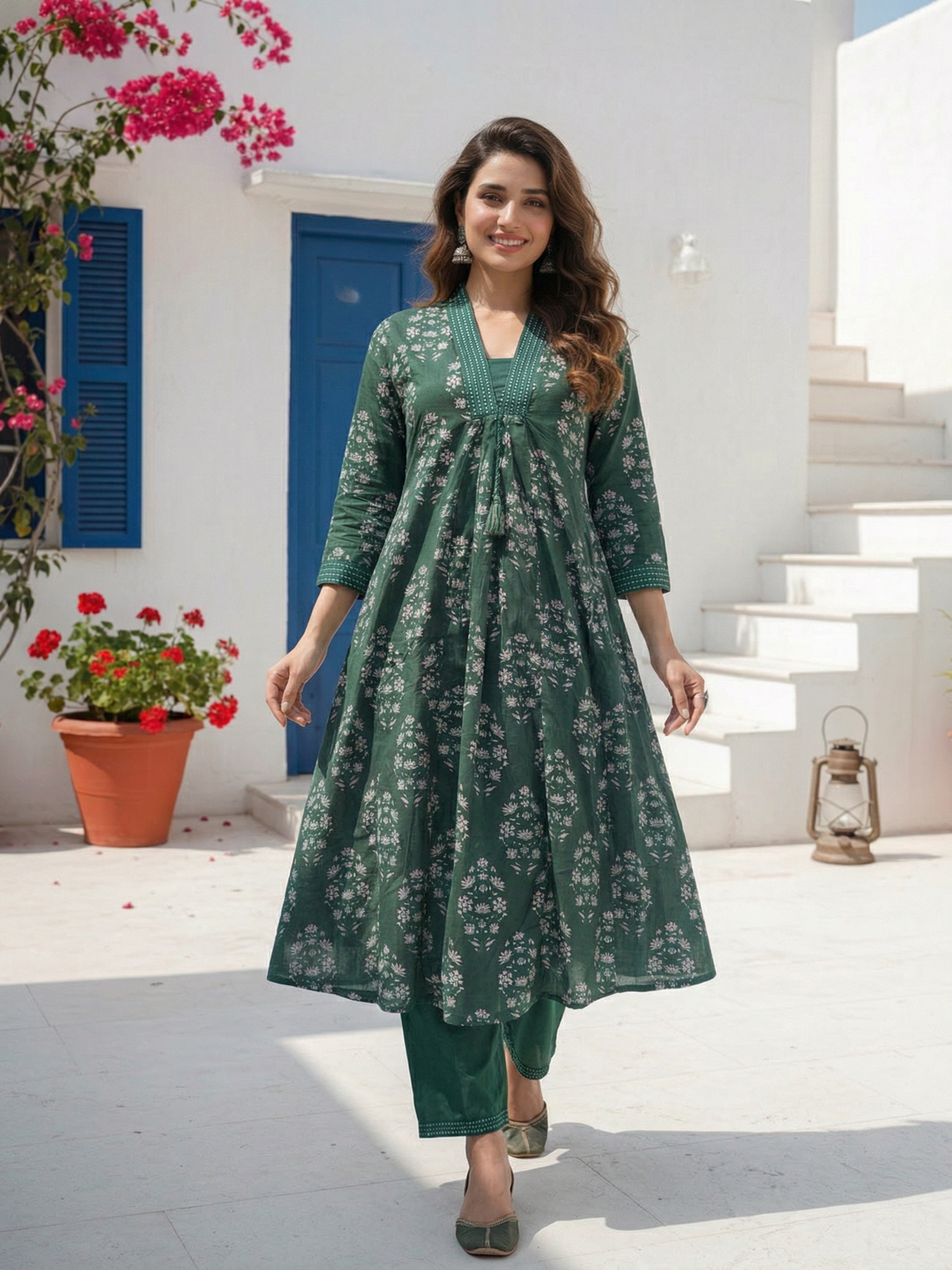 Ethnic Floral Printed A-Line Paneled Kurta with Palazzo Co-ord Set - Green
