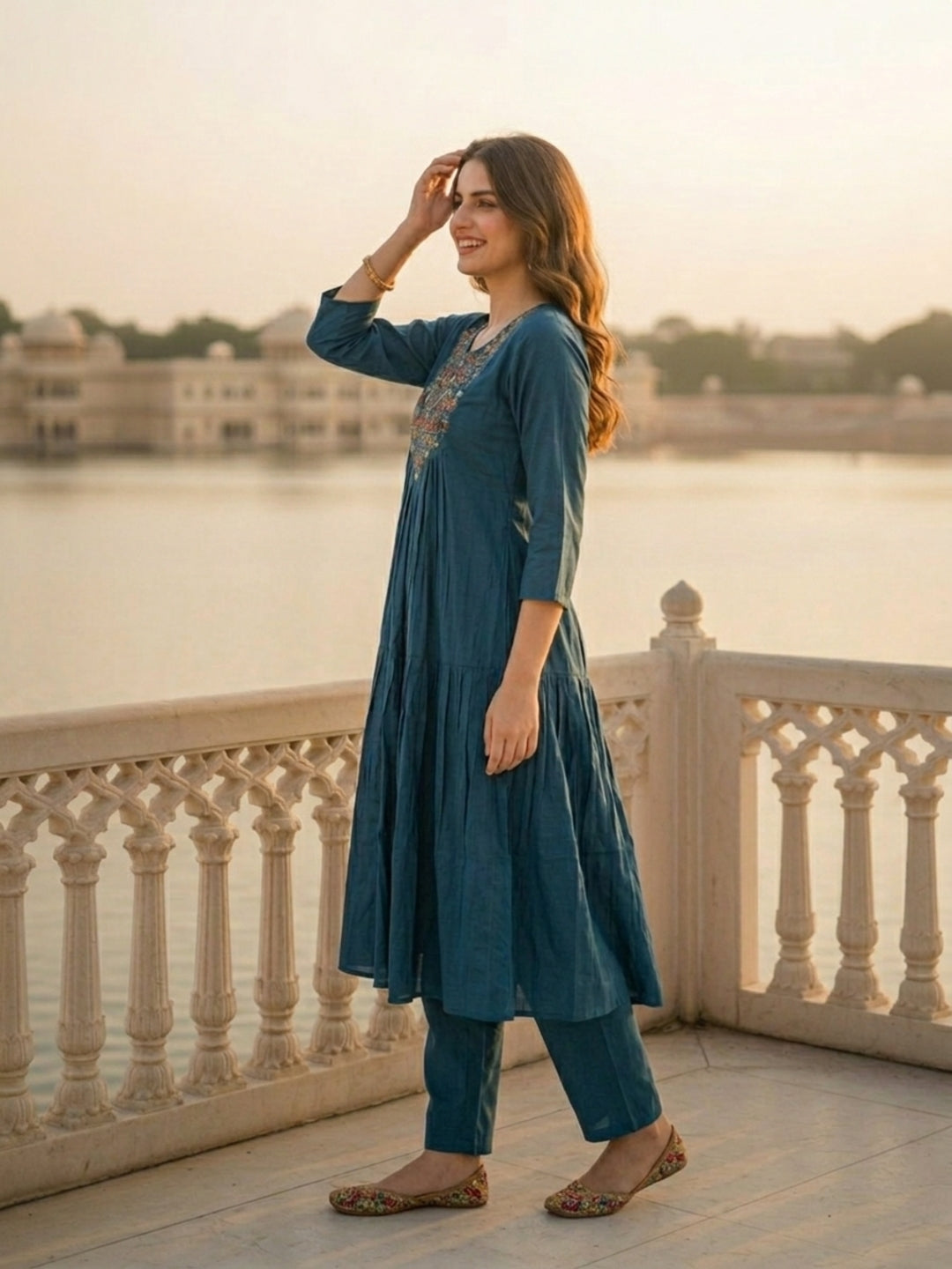 Solid Floral Threadwork Embroidered A-Line Pleated Kurta with Palazzo - Teal Blue