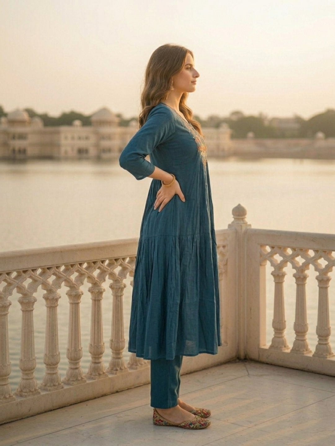 Solid Floral Threadwork Embroidered A-Line Pleated Kurta with Palazzo - Teal Blue