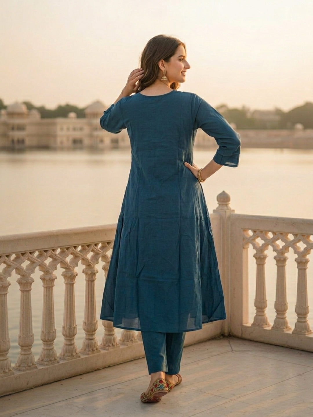Solid Floral Threadwork Embroidered A-Line Pleated Kurta with Palazzo - Teal Blue