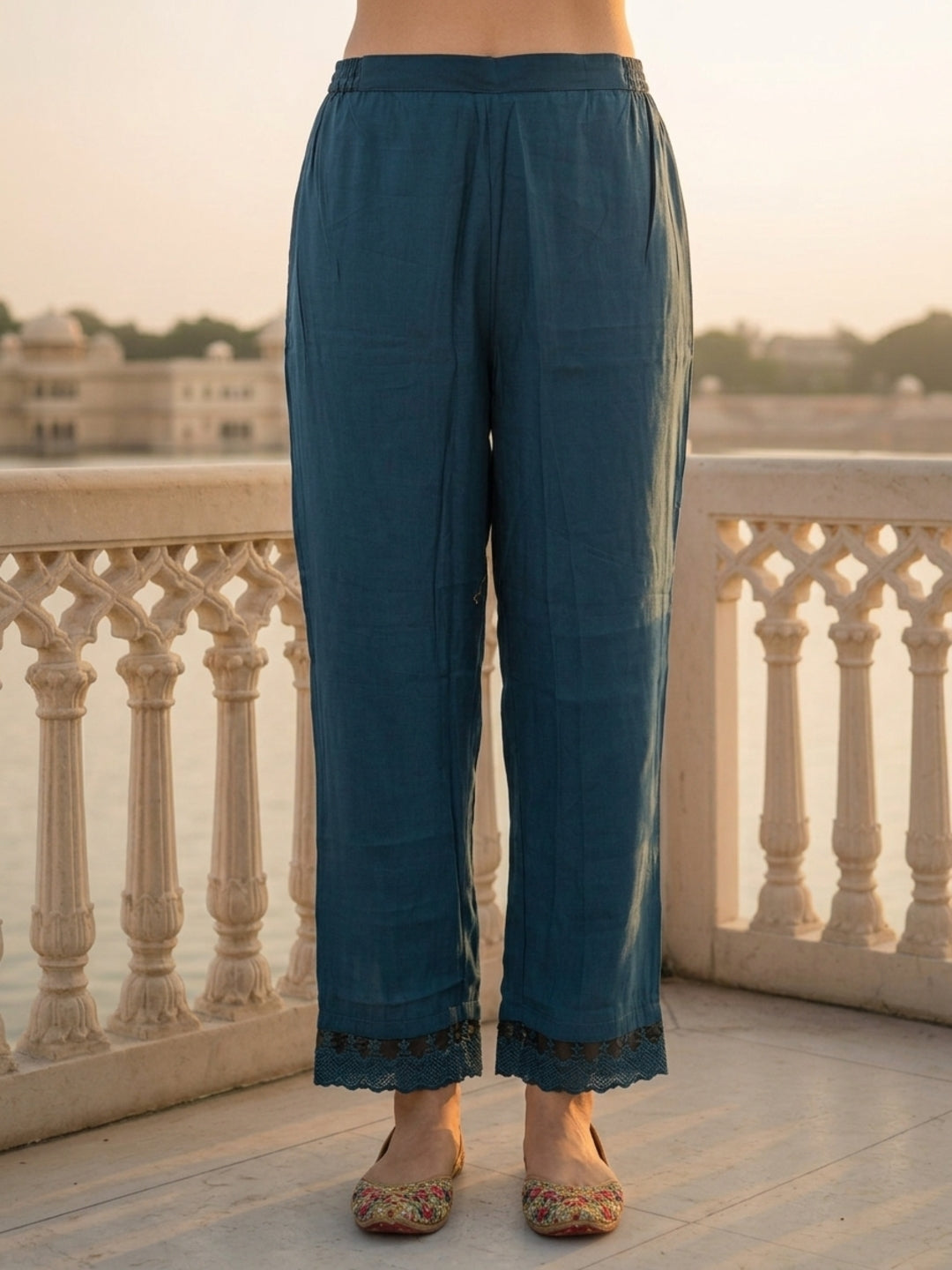 Solid Floral Threadwork Embroidered A-Line Pleated Kurta with Palazzo - Teal Blue