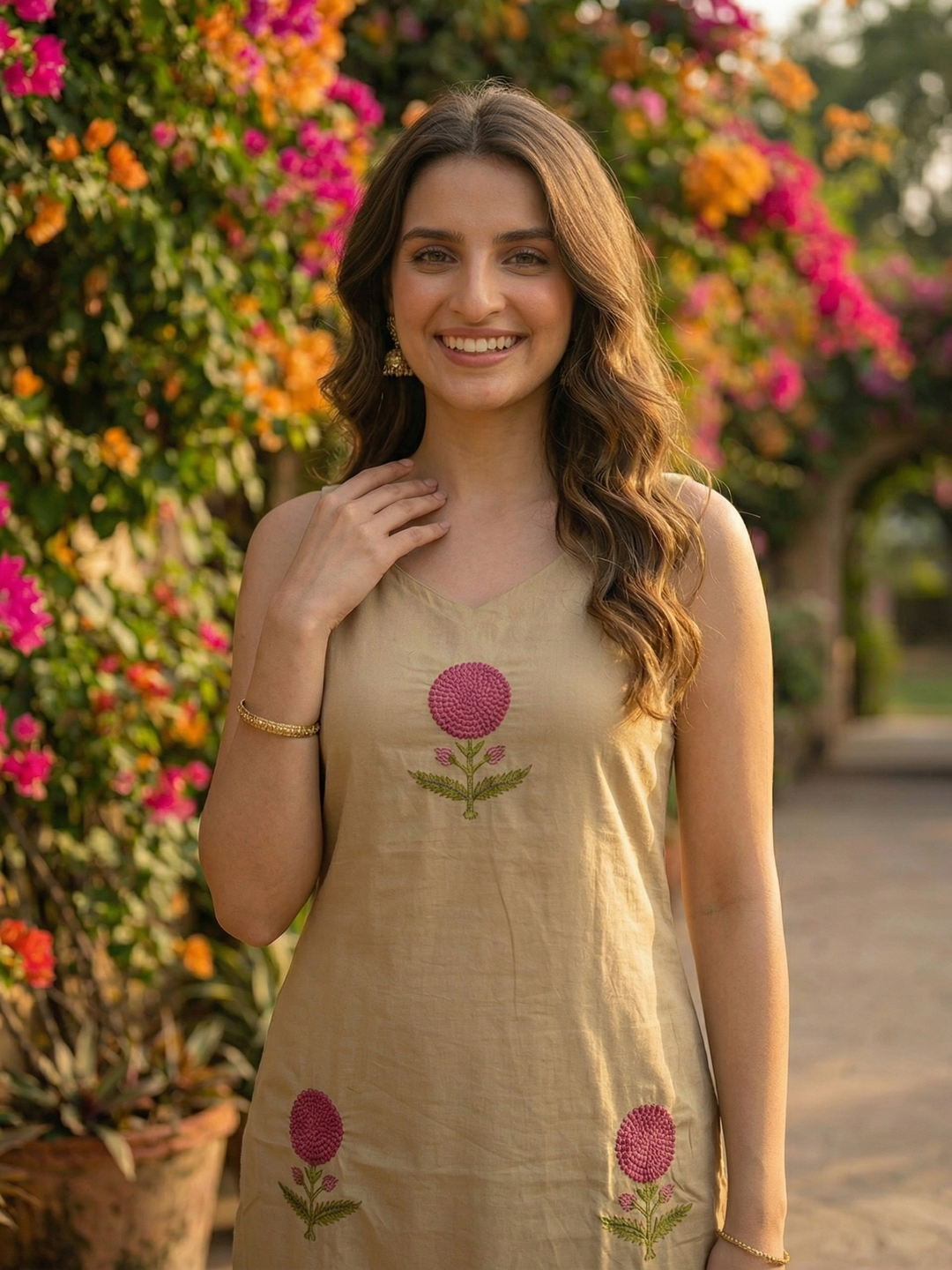 Solid Floral Embroidered Sleeveless Straight Co-ord Set - Beige