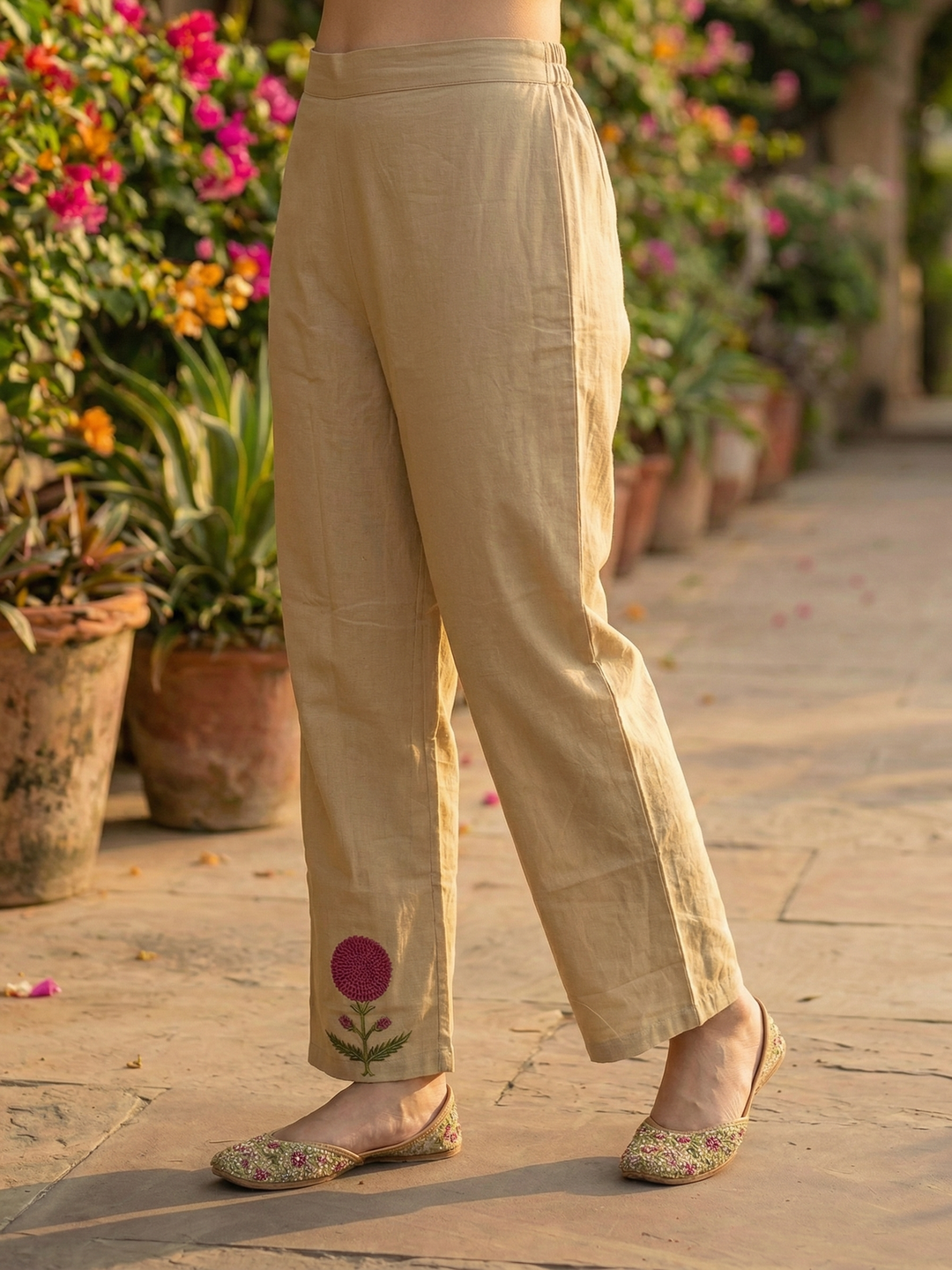 Solid Floral Embroidered Sleeveless Straight Co-ord Set - Beige