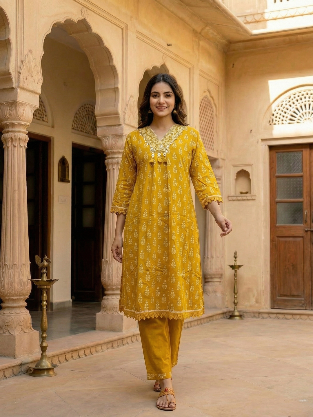 Ethnic Floral Printed & Embroidered A-Line Kurta with Pant - Mustard