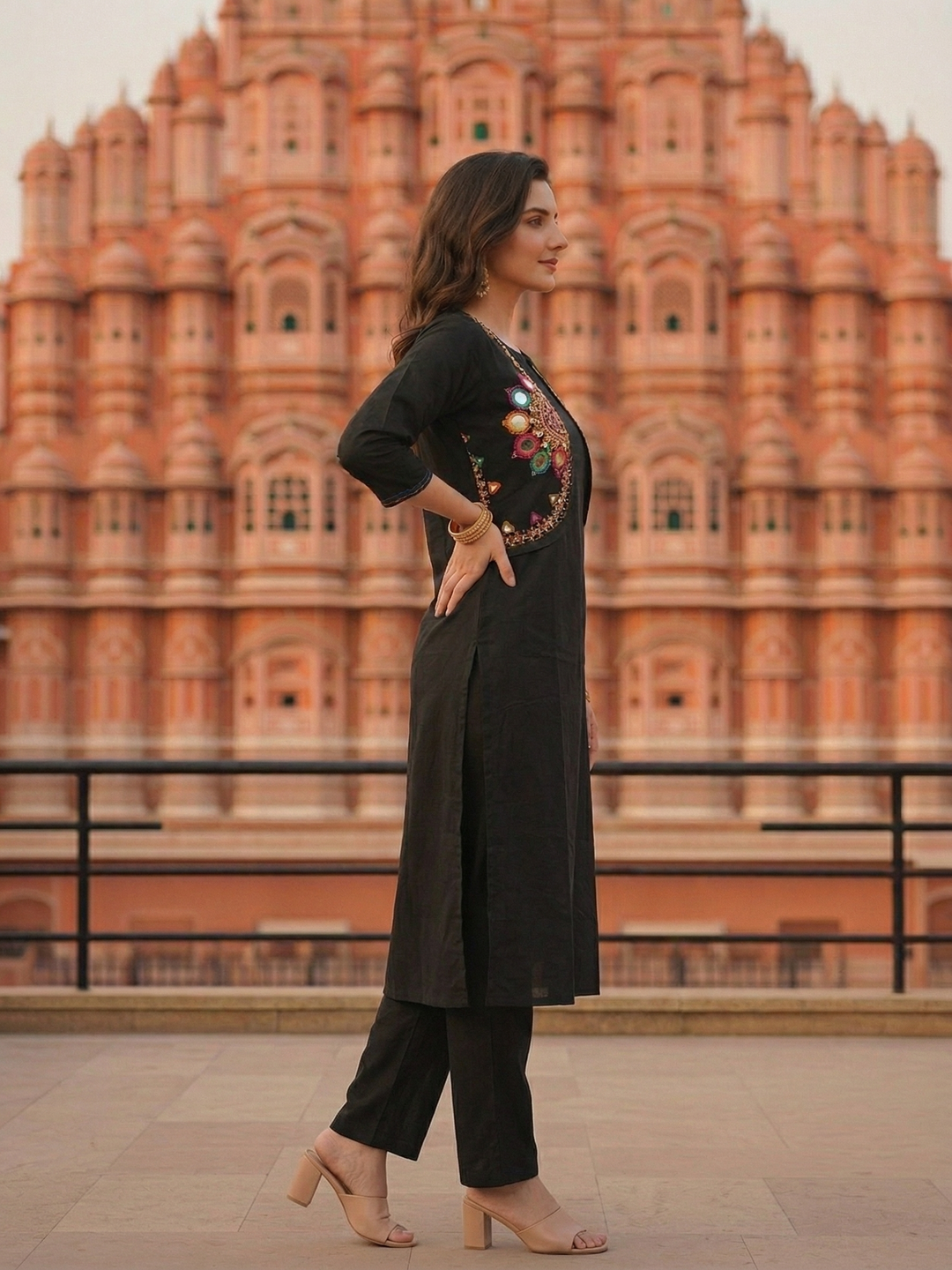 Solid Straight Fit Cotton Kurta with Pant & Mirror Work Sleeveless Jacket - Black