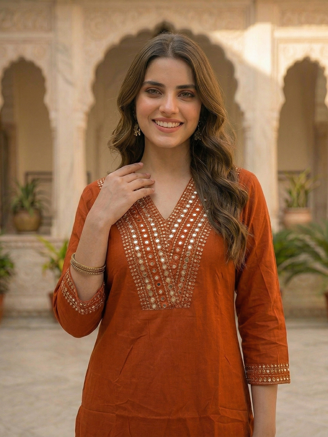 Solid Sequin Embroidered A-Line Kurta with Brocade Palazzo Co-ord Set - Rust