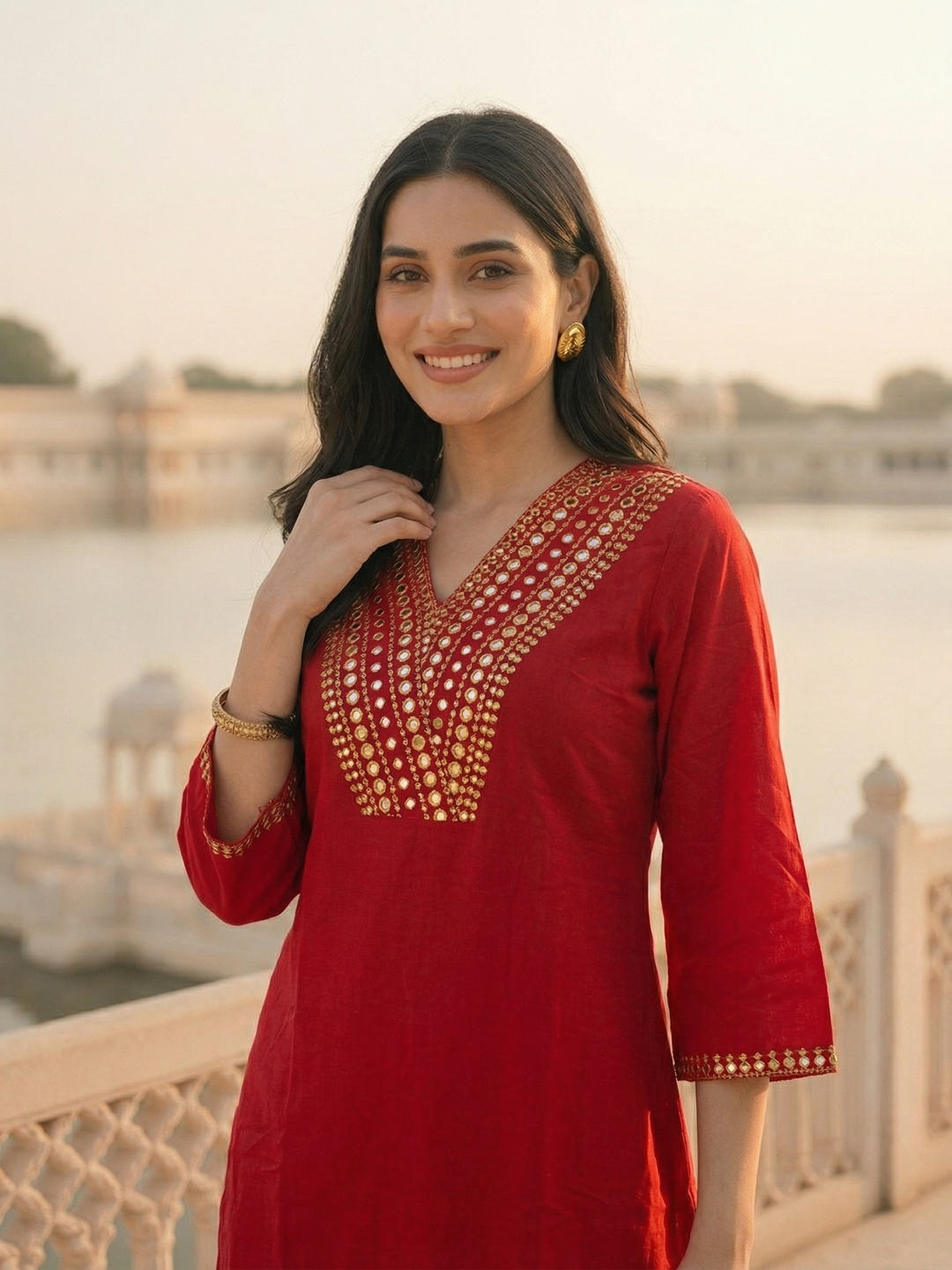 Solid Sequin Embroidered A-Line Kurta with Brocade Palazzo - Red