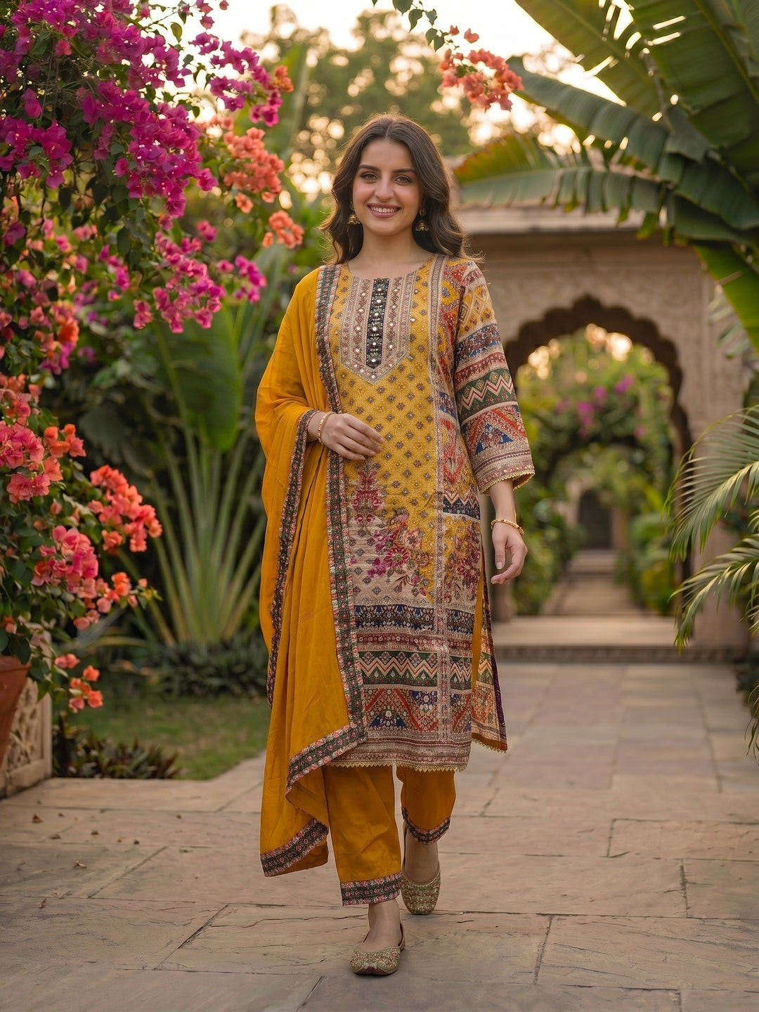 Ethnic Embroidered A-Line Kurta with Palazzo & Dupatta - Yellow