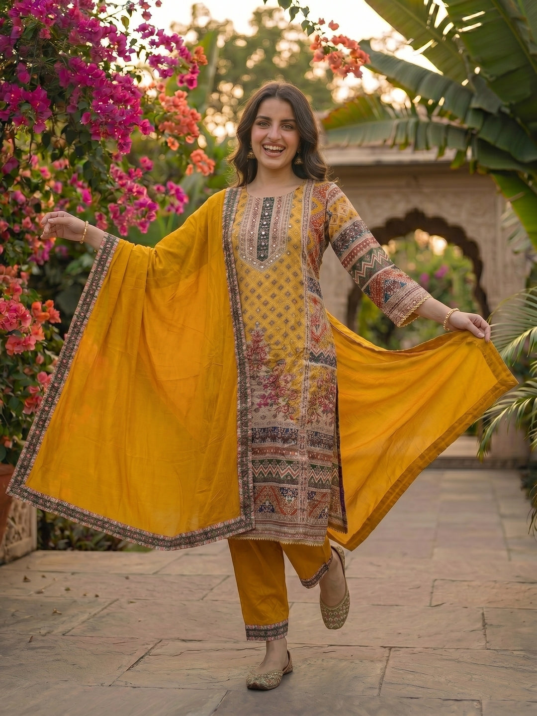 Ethnic Embroidered A-Line Kurta with Palazzo & Dupatta - Yellow