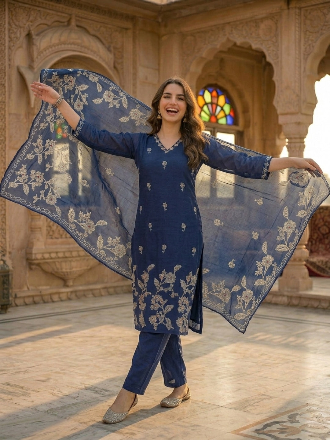Ethnic Floral Printed & Embroidered Straight Kurta with Pant & Dupatta - Blue