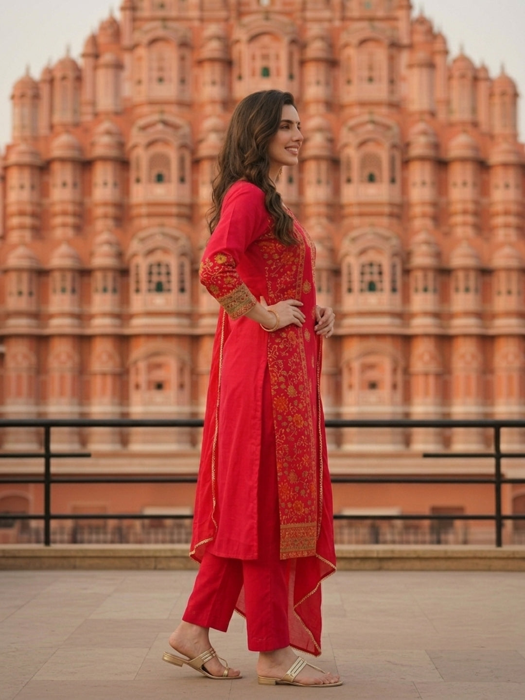 Ethnic Printed & Embroidered Straight Kurta with Pant & Dupatta - Pink