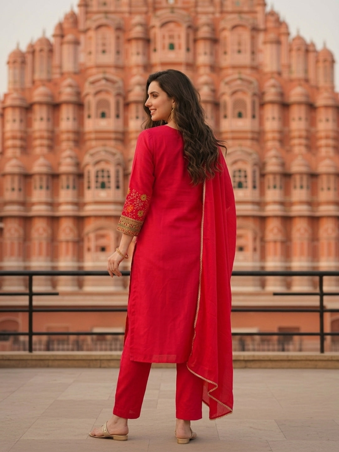 Ethnic Printed & Embroidered Straight Kurta with Pant & Dupatta - Pink