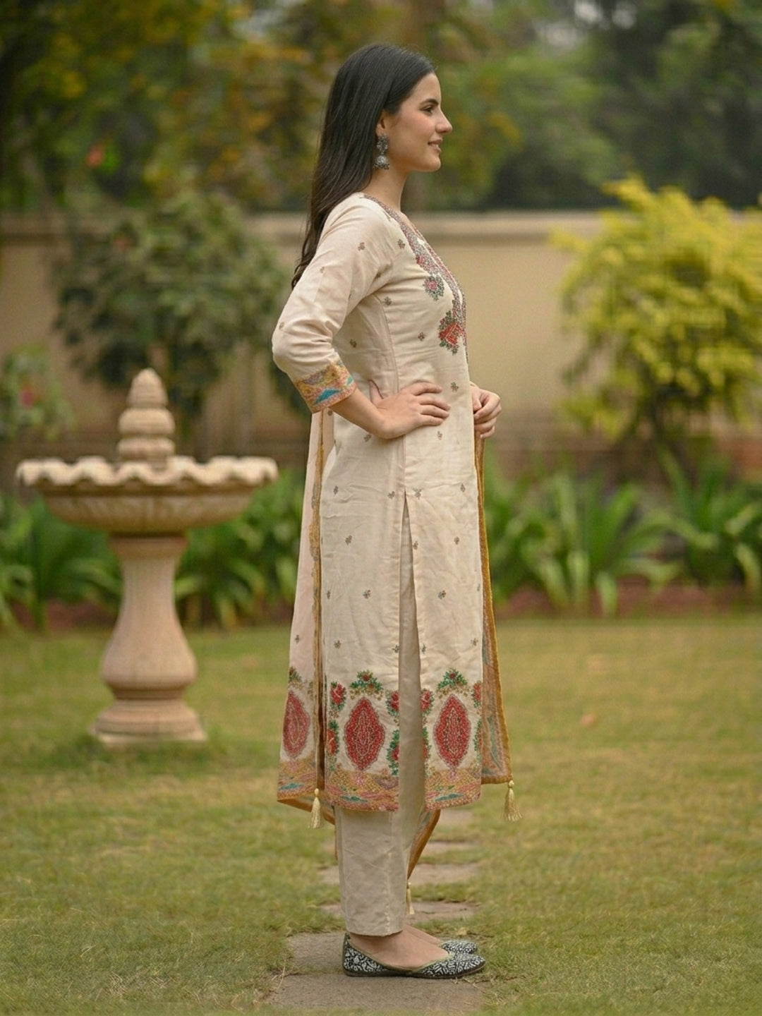 Ethnic Floral Printed & Embroidered Straight Kurta with Pant & Dupatta - Cream