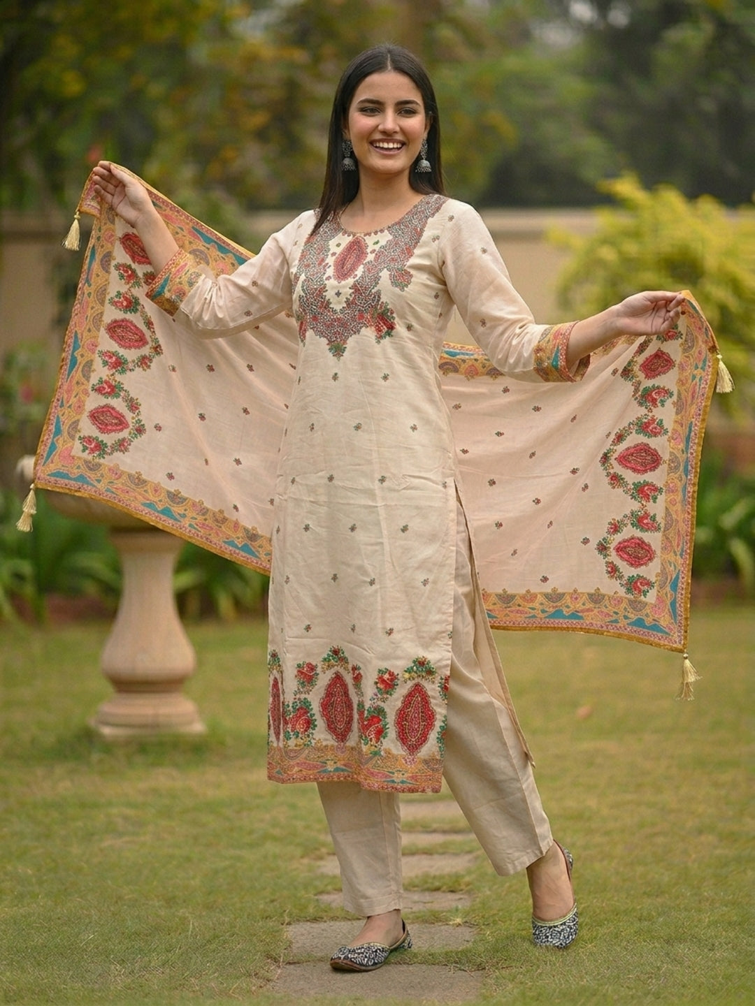 Ethnic Floral Printed & Embroidered Straight Kurta with Pant & Dupatta - Cream
