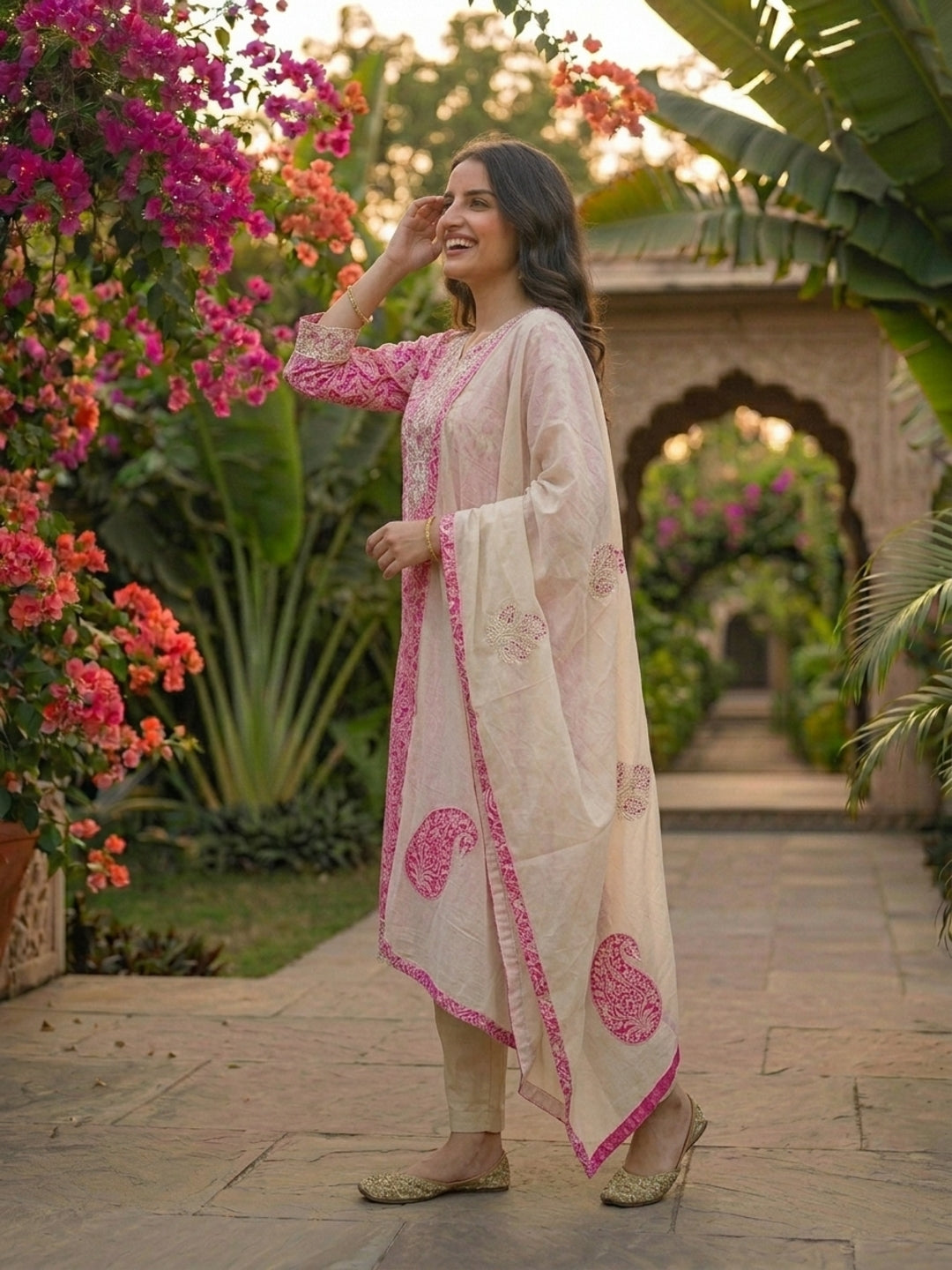 Ethnic Floral Printed Straight Kurta with Pant & Dupatta - Pink