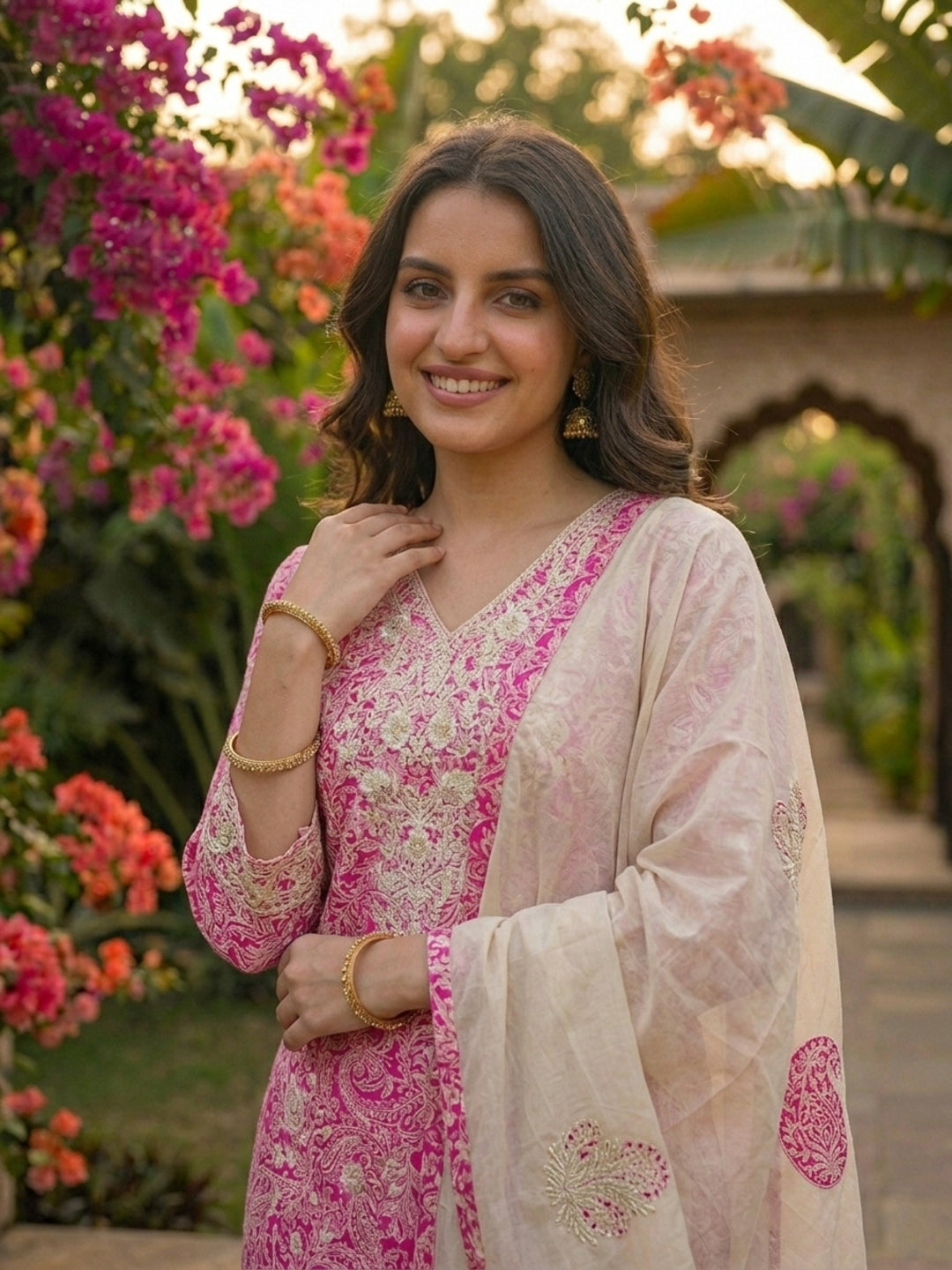 Ethnic Floral Printed Straight Kurta with Pant & Dupatta - Pink