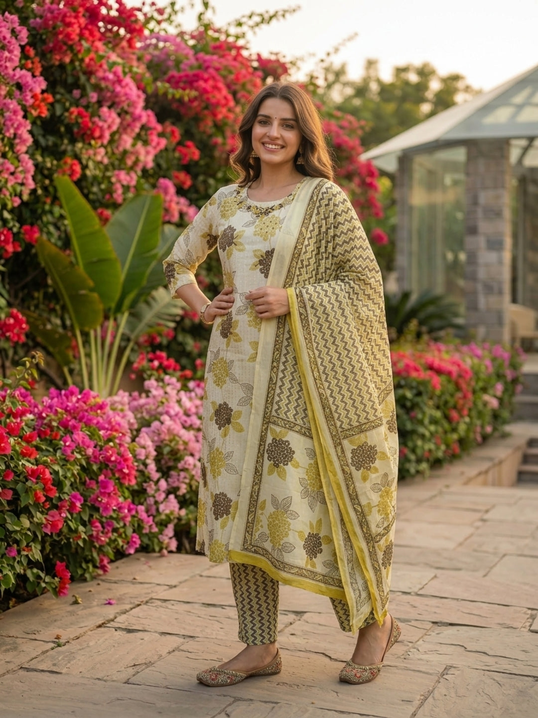 Lehariya Printed & Embroidered Straight Kurta with Pant & Dupatta - Cream