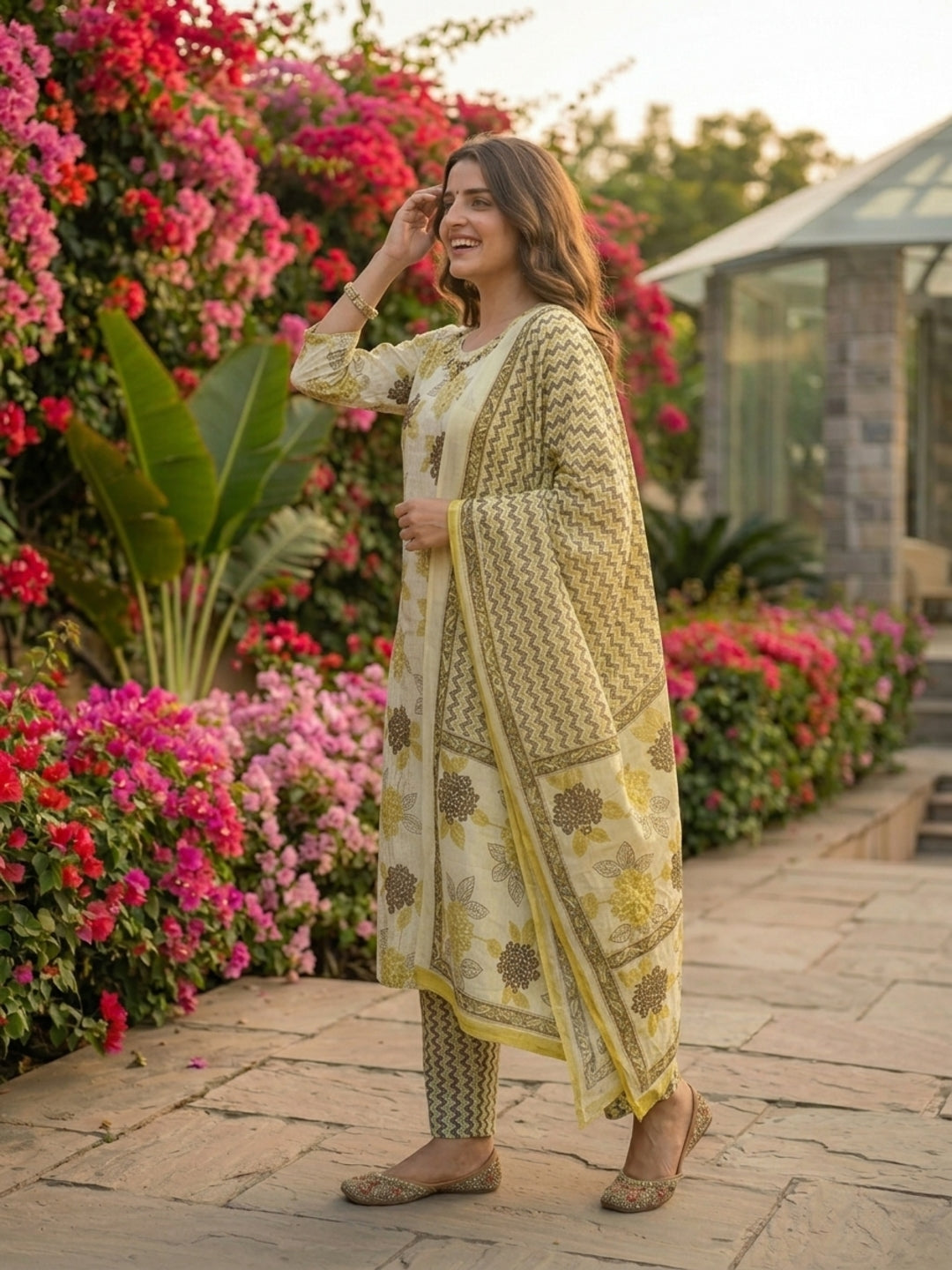 Lehariya Printed & Embroidered Straight Kurta with Pant & Dupatta - Cream