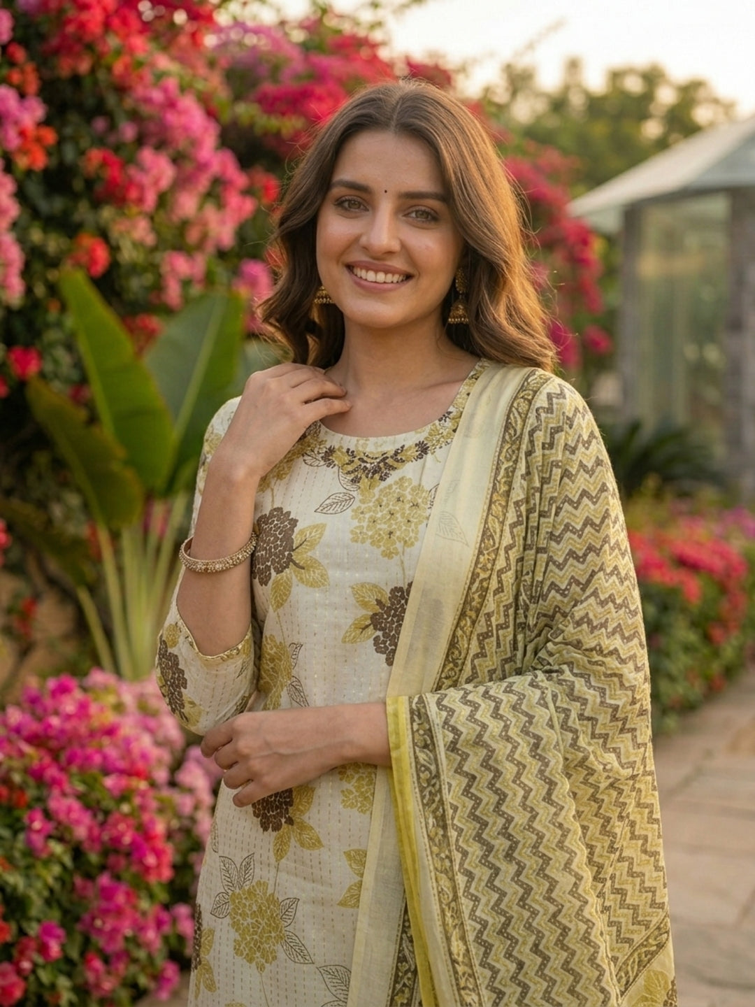 Lehariya Printed & Embroidered Straight Kurta with Pant & Dupatta - Cream